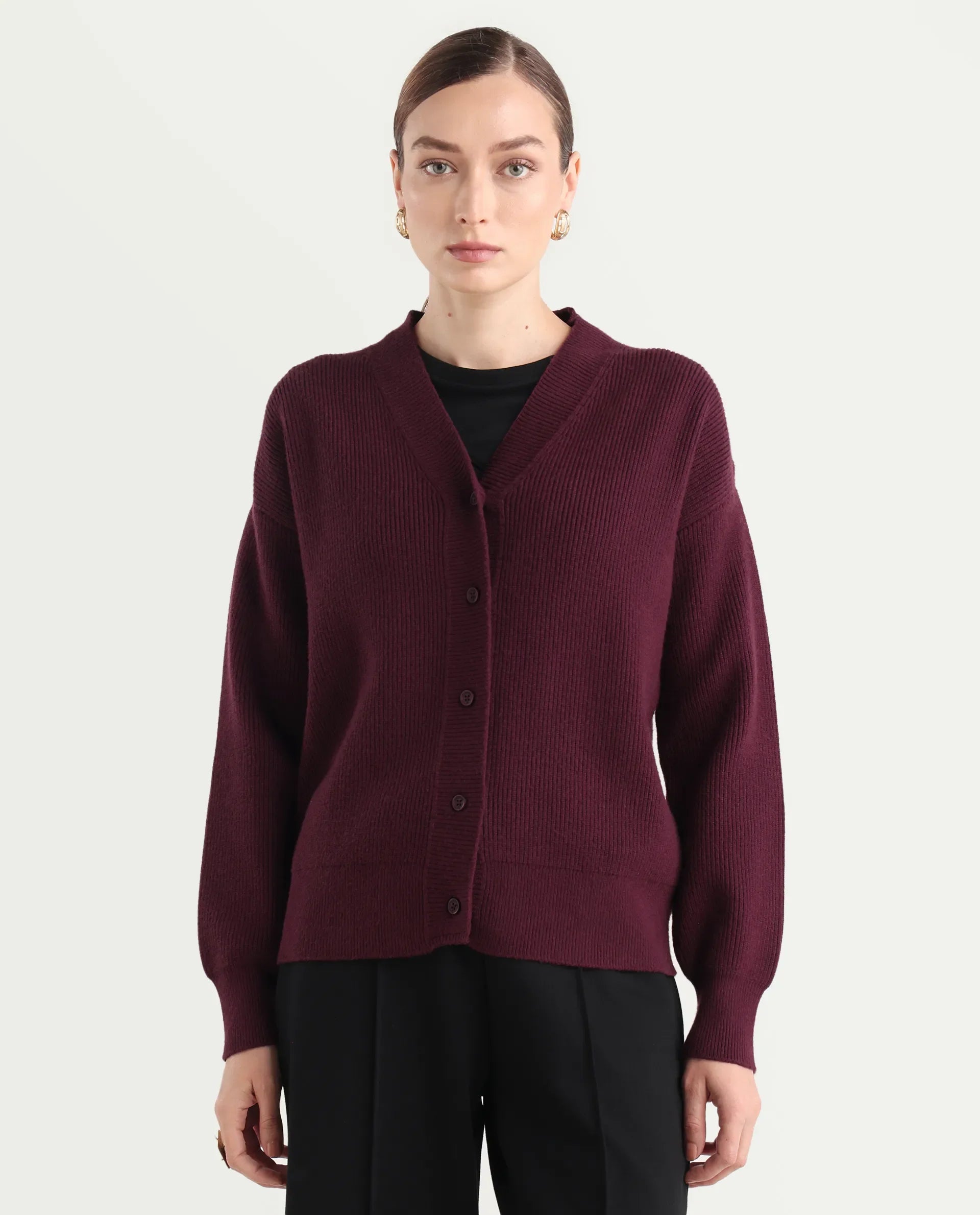 Rareism Women's Lola Dark Maroon Acrylic V-Neck Regular Fit Plain Cardigan