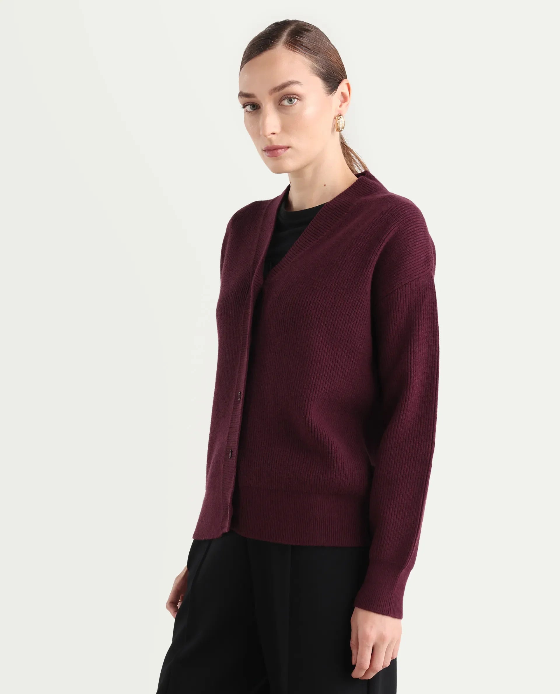 Rareism Women's Lola Dark Maroon Acrylic V-Neck Regular Fit Plain Cardigan
