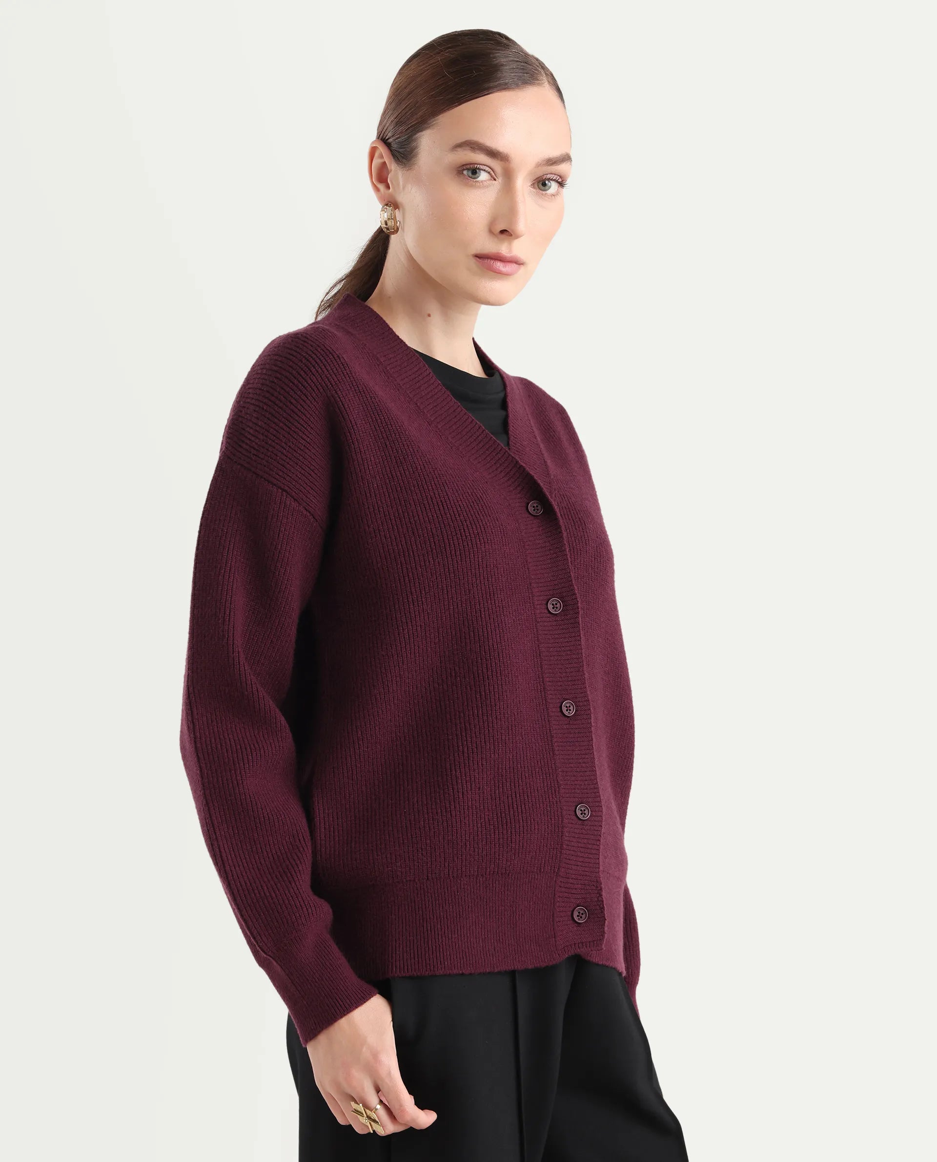 Rareism Women's Lola Dark Maroon Acrylic V-Neck Regular Fit Plain Cardigan