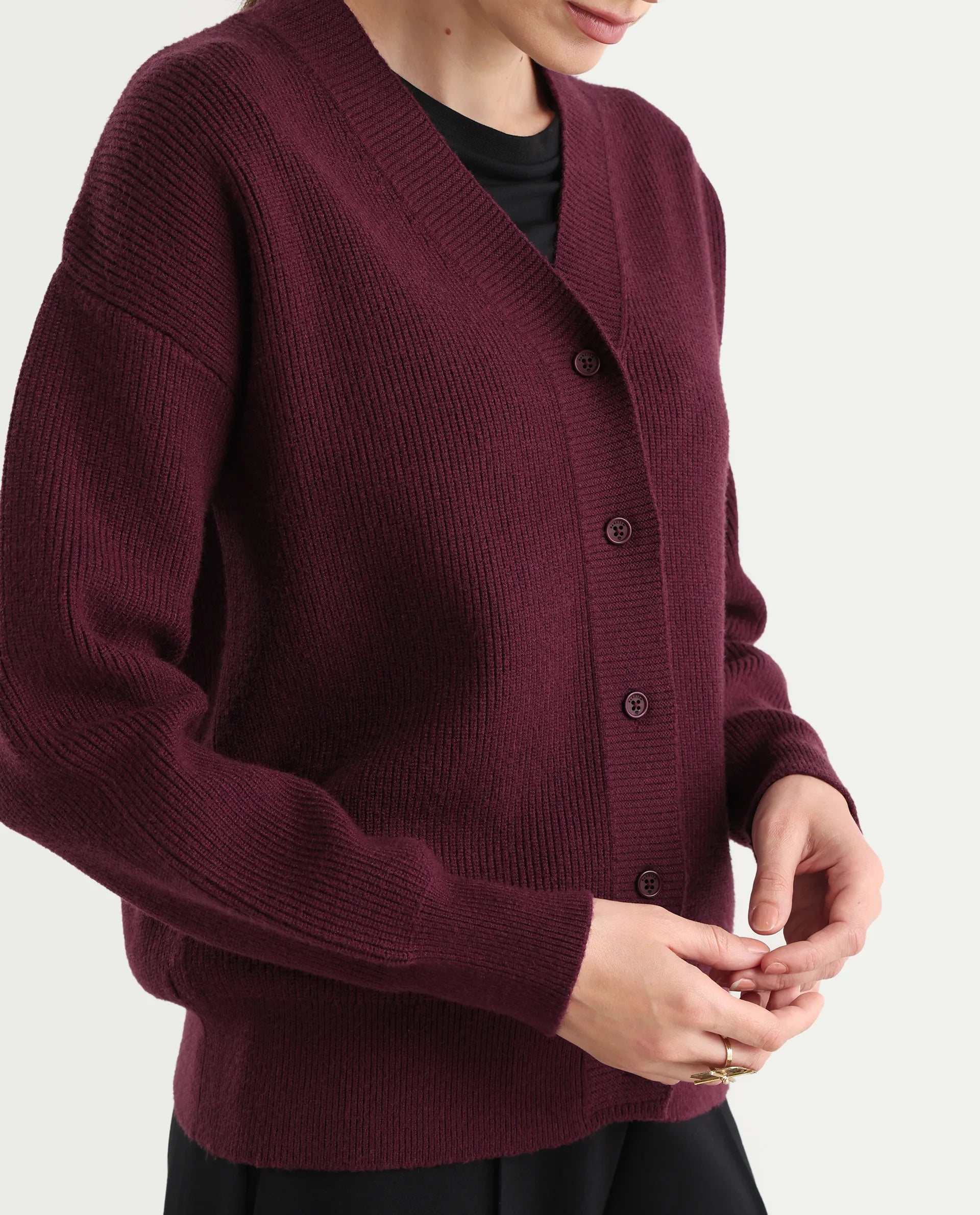 Rareism Women's Lola Dark Maroon Acrylic V-Neck Regular Fit Plain Cardigan