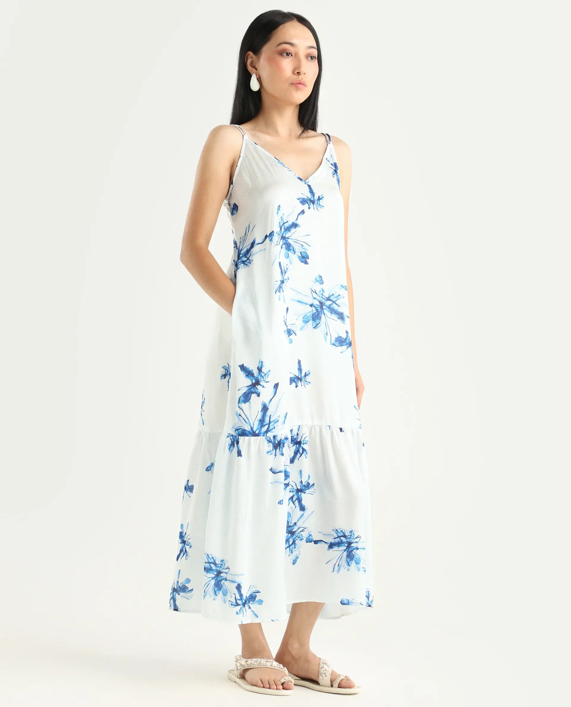 Rareism Women's Lola White Polyester Shoulder Strap Abstract Print Shoulder Strap Midi Regular Fit Dress