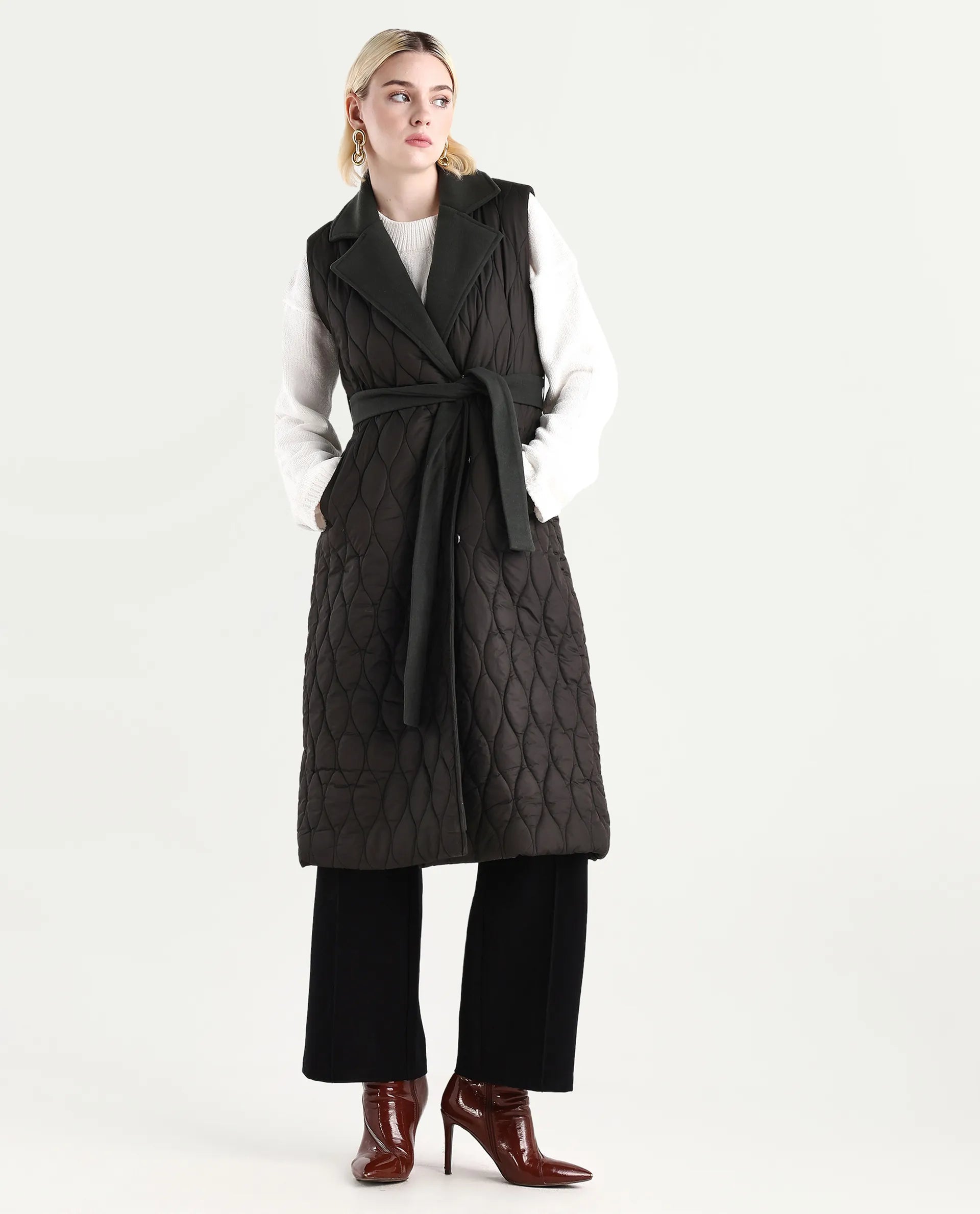 Rareism Women's Lonpuf Olive Polyester Lapel Collar Plain Jacket