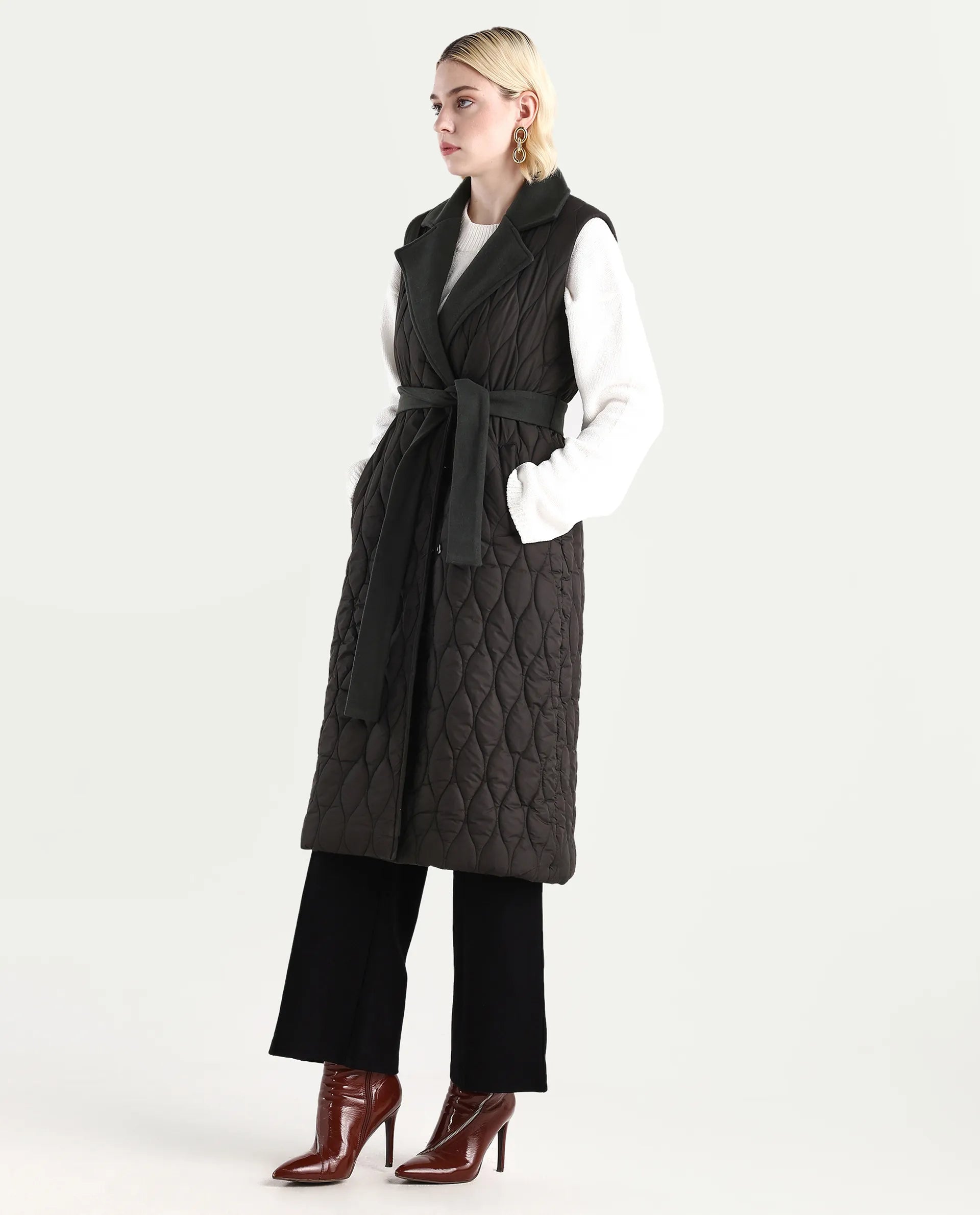 Rareism Women's Lonpuf Olive Polyester Lapel Collar Plain Jacket