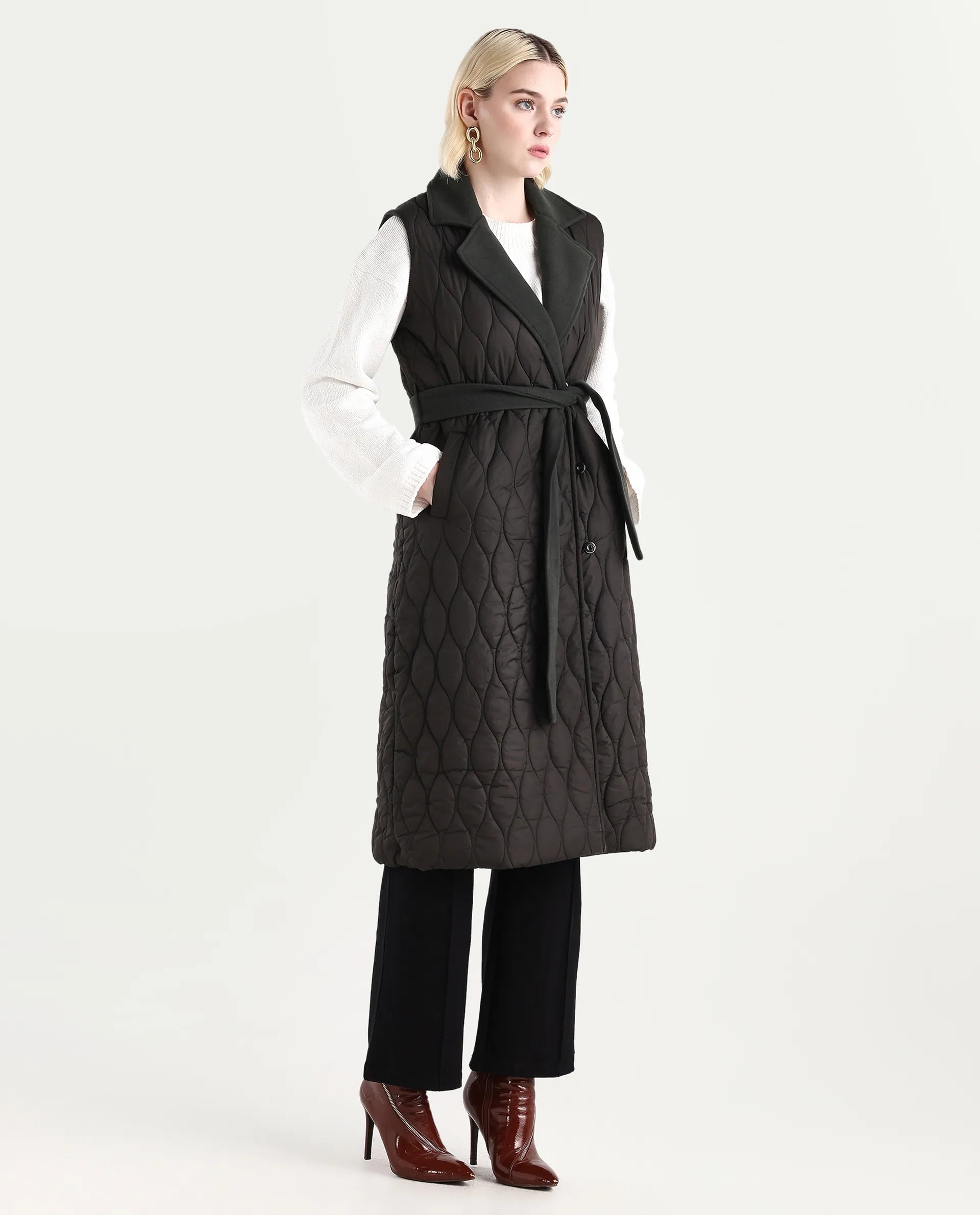 Rareism Women's Lonpuf Olive Polyester Lapel Collar Plain Jacket