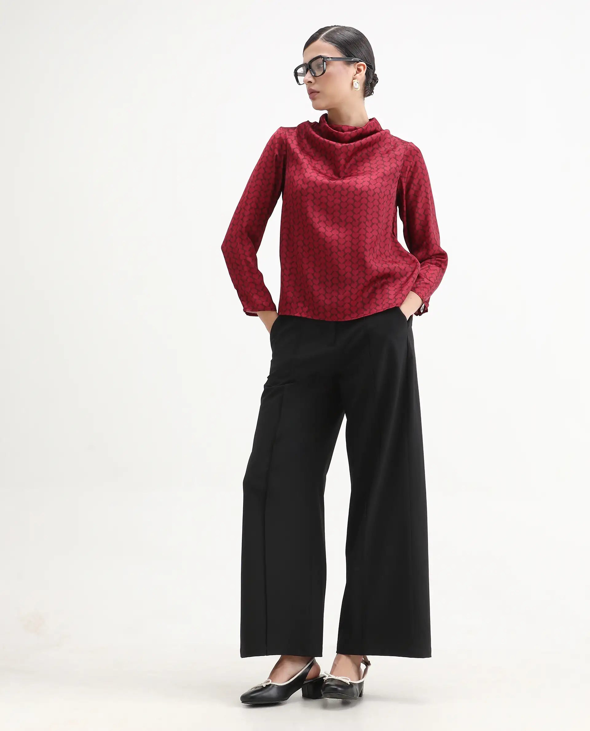 Rareism Women's Lop Maroon Satin High Neck Monogram Print Regular Fit Top