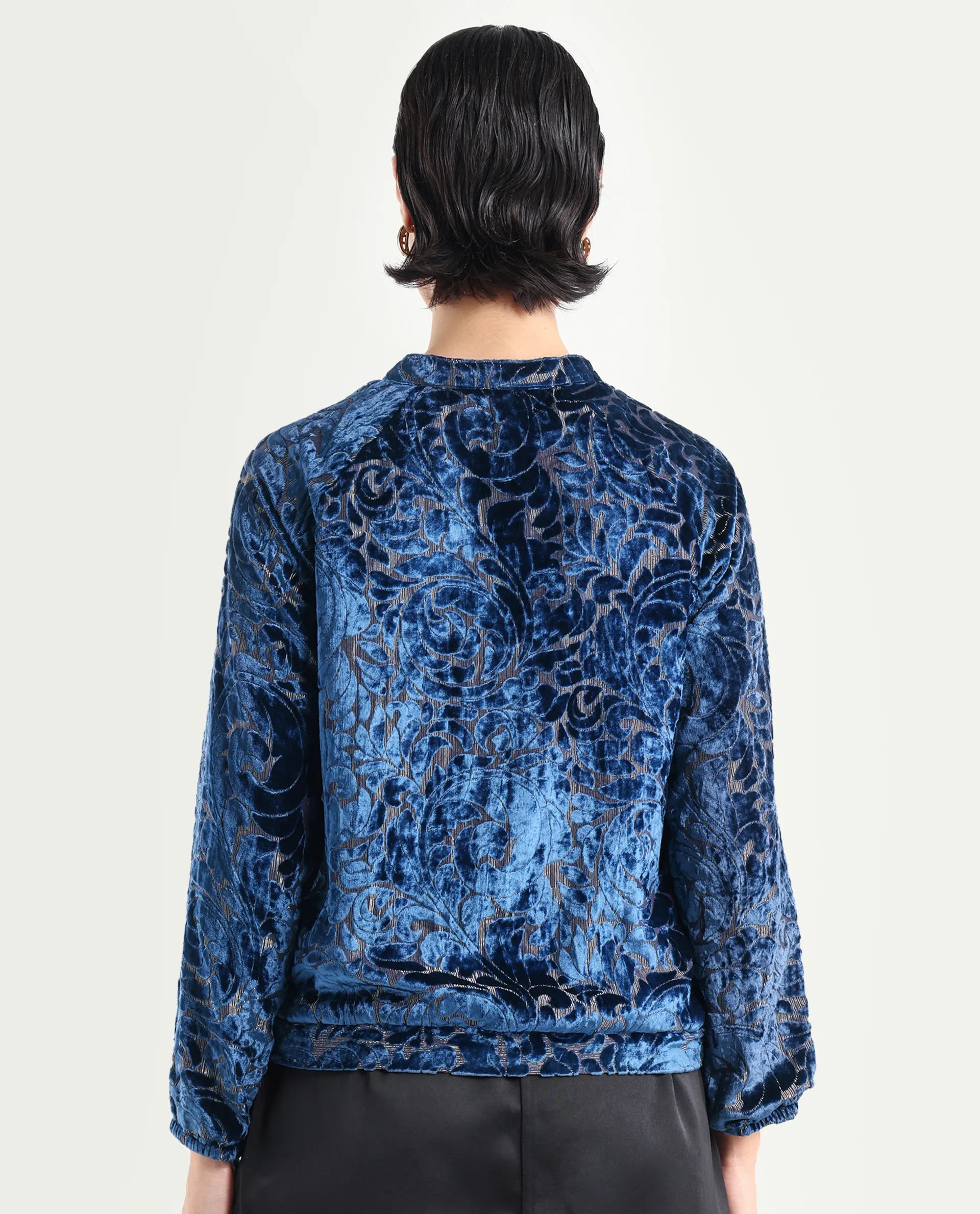 Rareism Women's Lopper Purple Velvet Mandarin Collar Abstract Print Raglan Sleeve Regular Fit Jacket