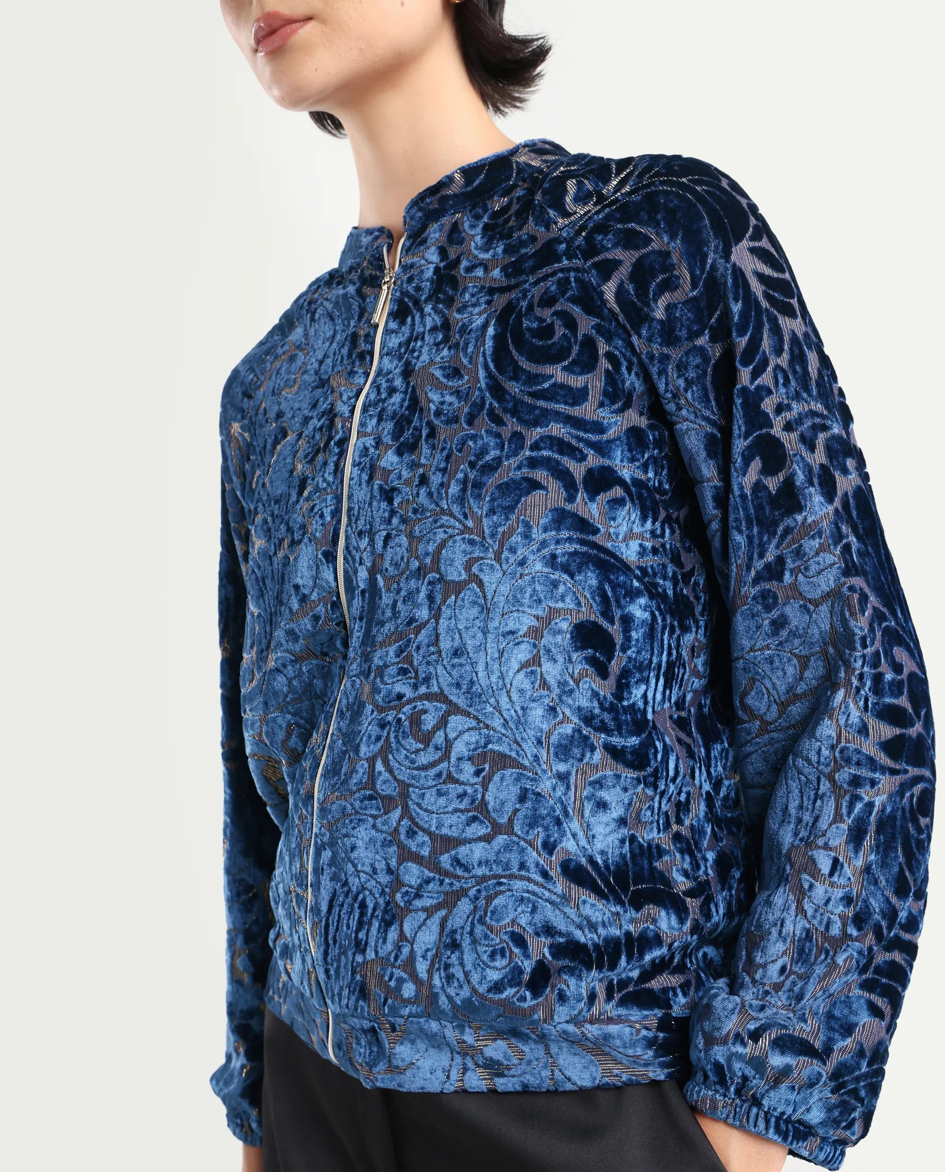 Rareism Women's Lopper Purple Velvet Mandarin Collar Abstract Print Raglan Sleeve Regular Fit Jacket