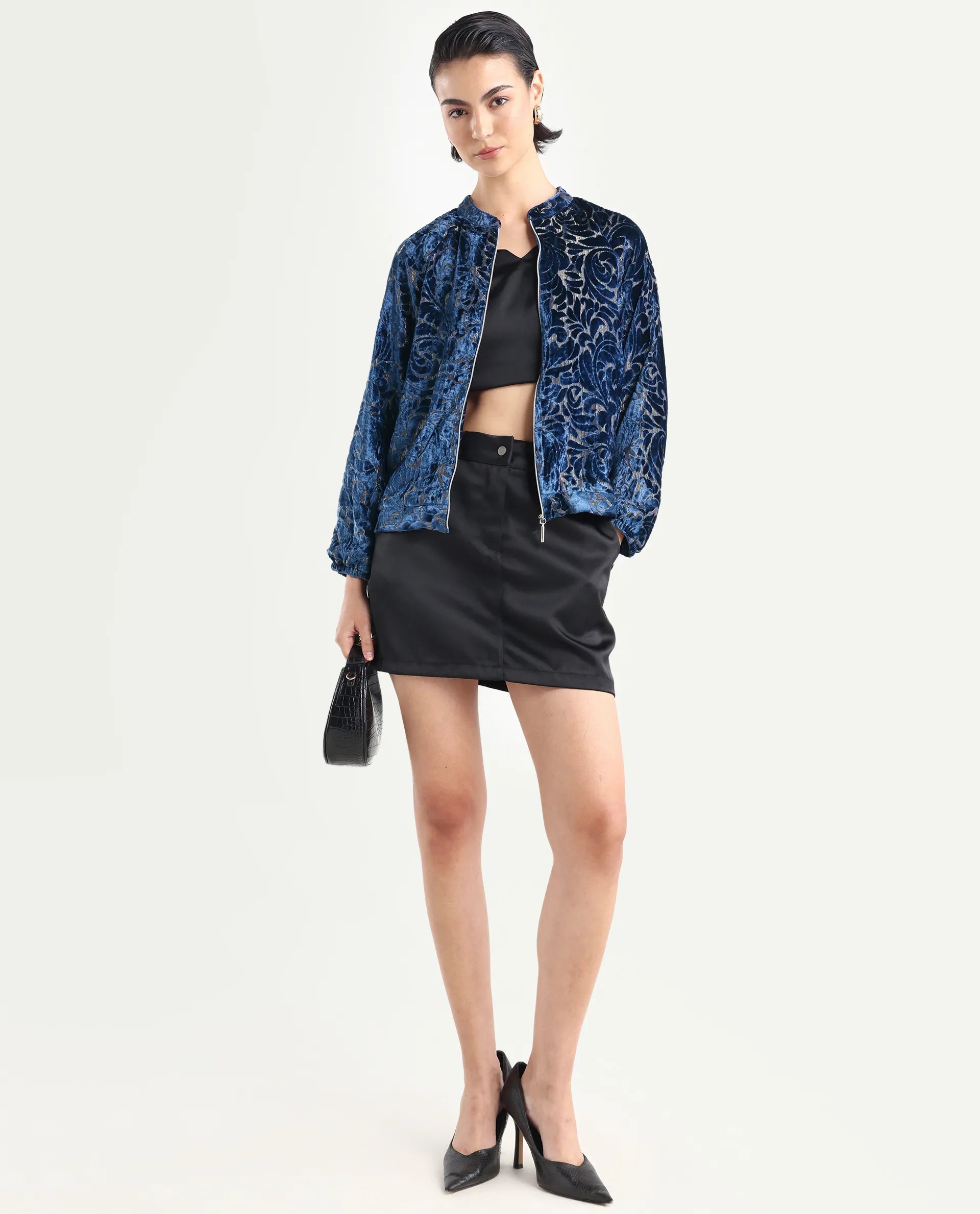 Rareism Women's Lopper Purple Velvet Mandarin Collar Abstract Print Raglan Sleeve Regular Fit Jacket