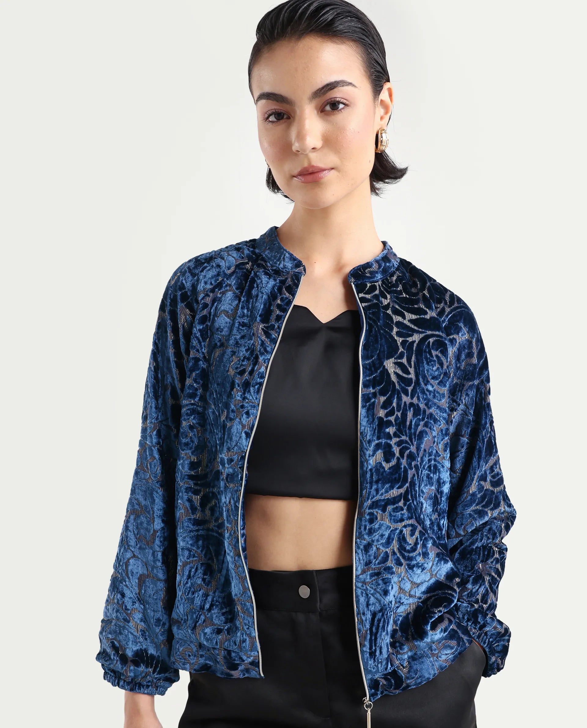 Rareism Women's Lopper Purple Velvet Mandarin Collar Abstract Print Raglan Sleeve Regular Fit Jacket