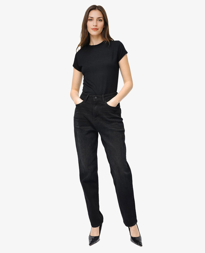 Rareism Women Loreto Black Cotton Elastane Fabric Solid Regular Length Jeans