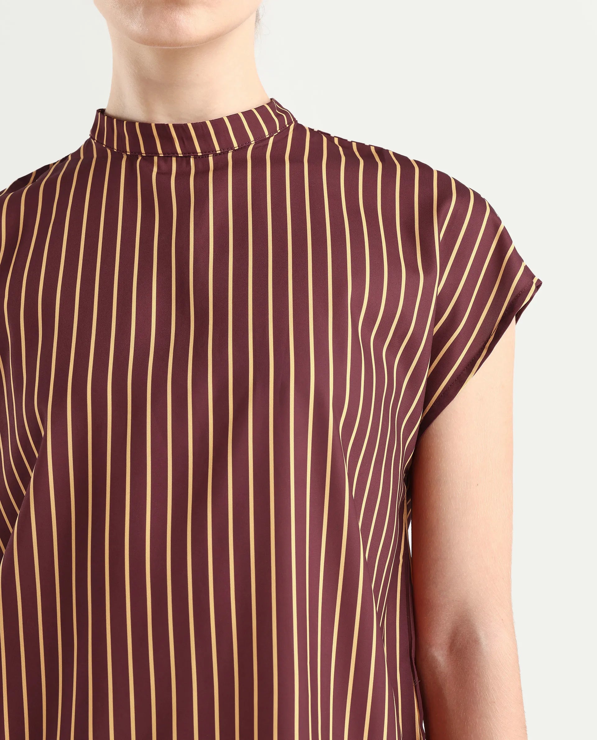 Rareism Women's Lossa Brown Polyester Blend High Neck Striped Extended Sleeves Regular Fit Top