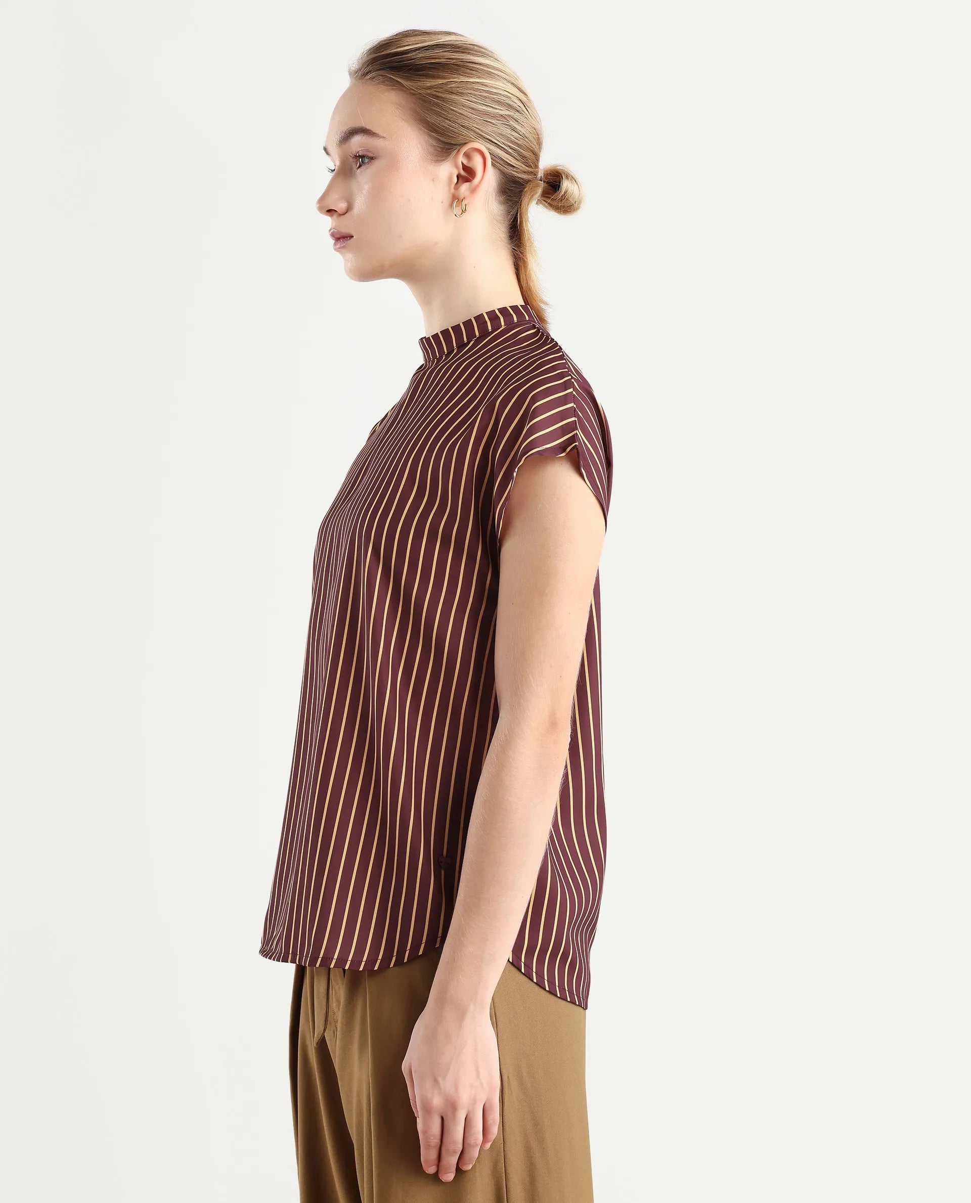 Rareism Women's Lossa Brown Polyester Blend High Neck Striped Extended Sleeves Regular Fit Top