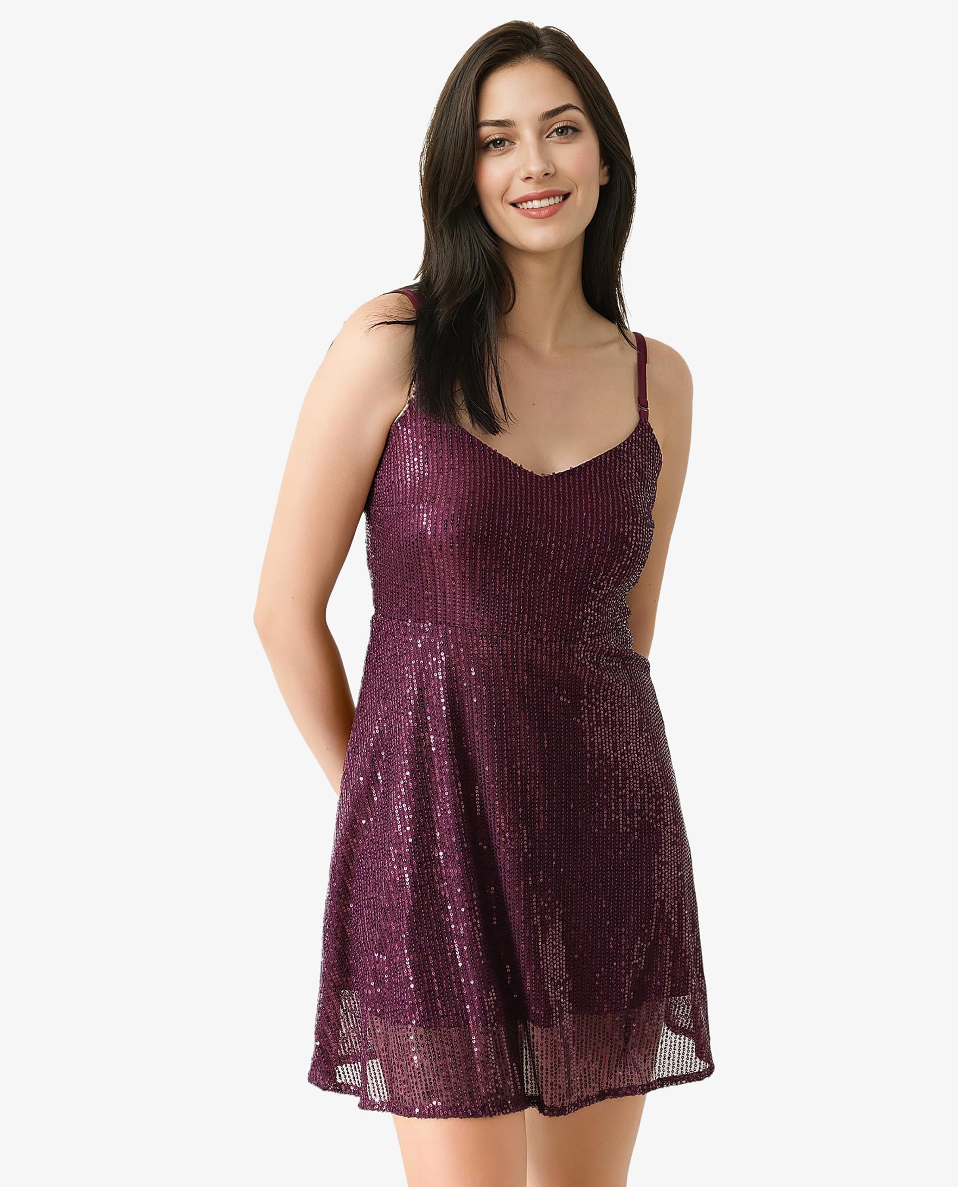 Rareism Women's Lovez Maroon Nylon Shoulder Strap Sequined Shoulder Strap Knee Length Regular Fit Dress