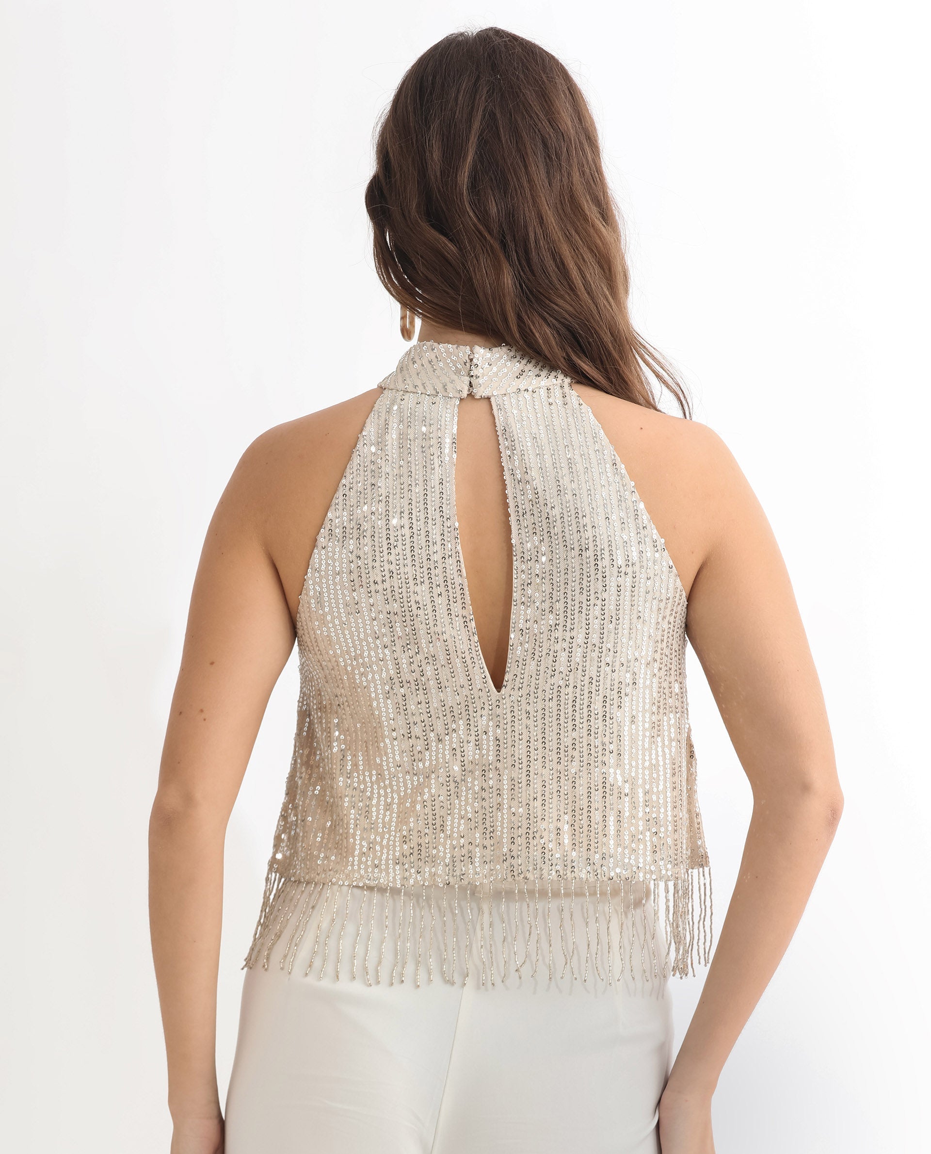 Rareism Women Lovia Beige Nylon Fabric Regular Fit Halter Neck Sleeveless Sequined Top