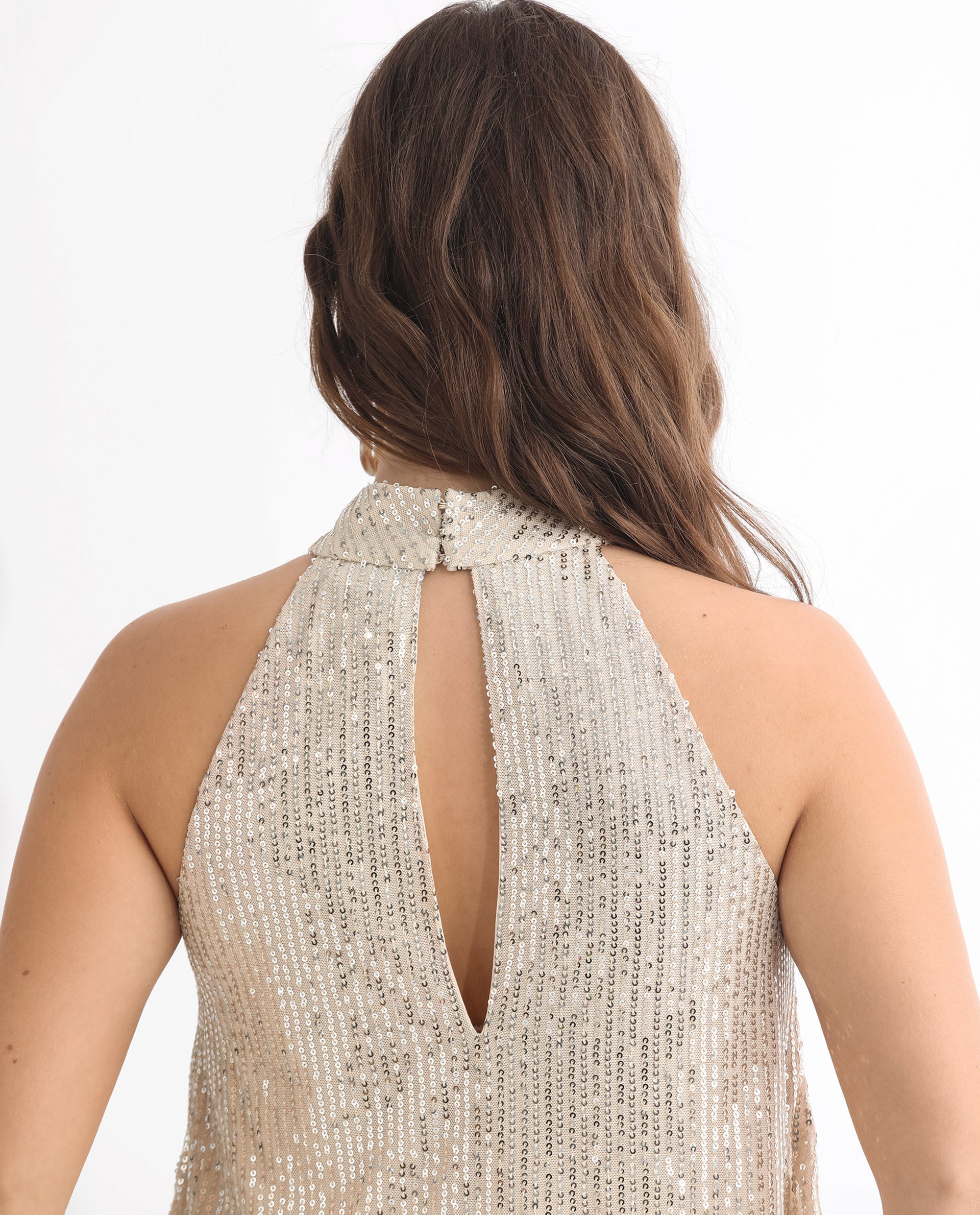 Rareism Women's Lovia Beige Nylon Halter Neck Sequined Sleeveless Regular Fit Top