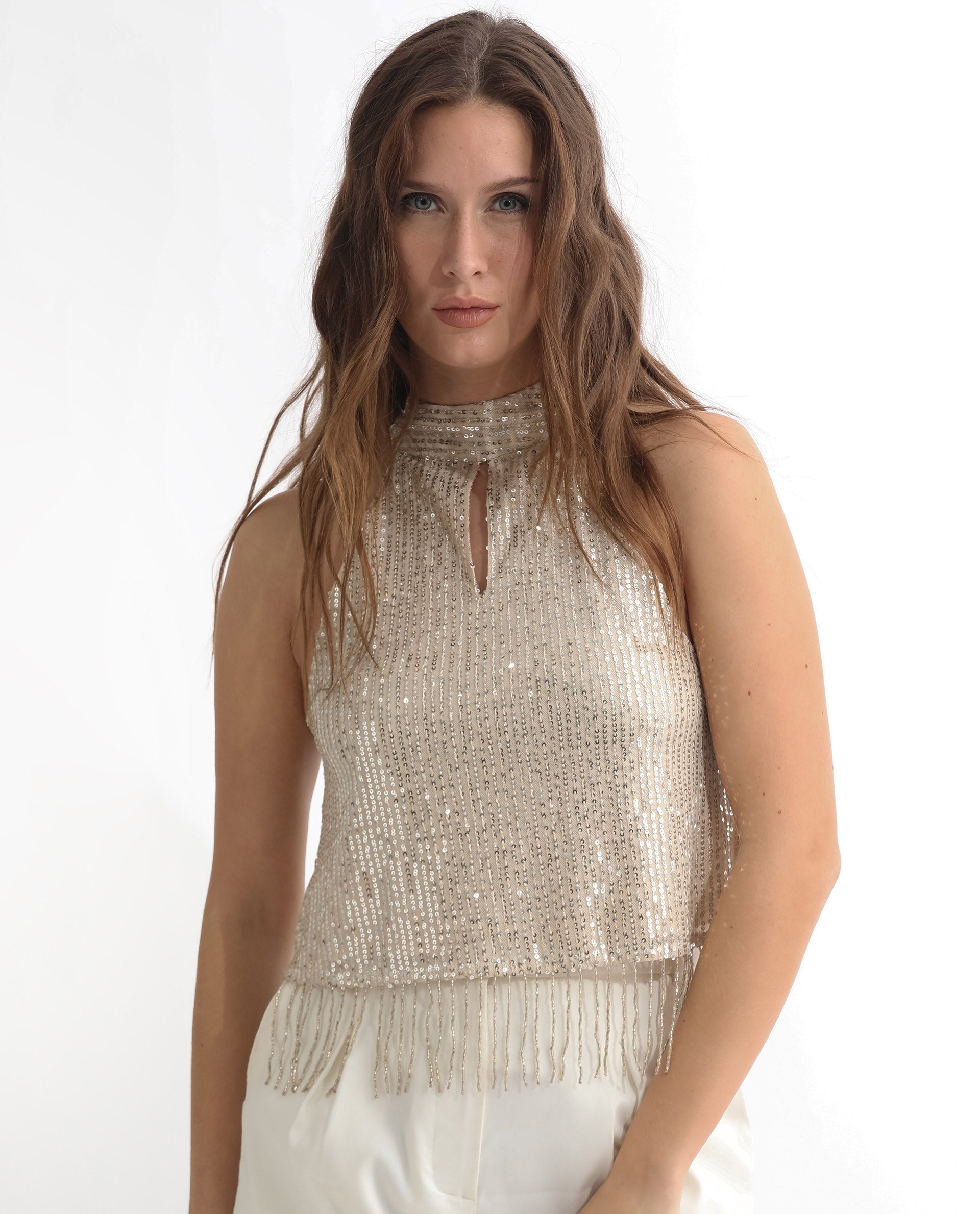 Rareism Women Lovia Beige Nylon Fabric Regular Fit Halter Neck Sleeveless Sequined Top