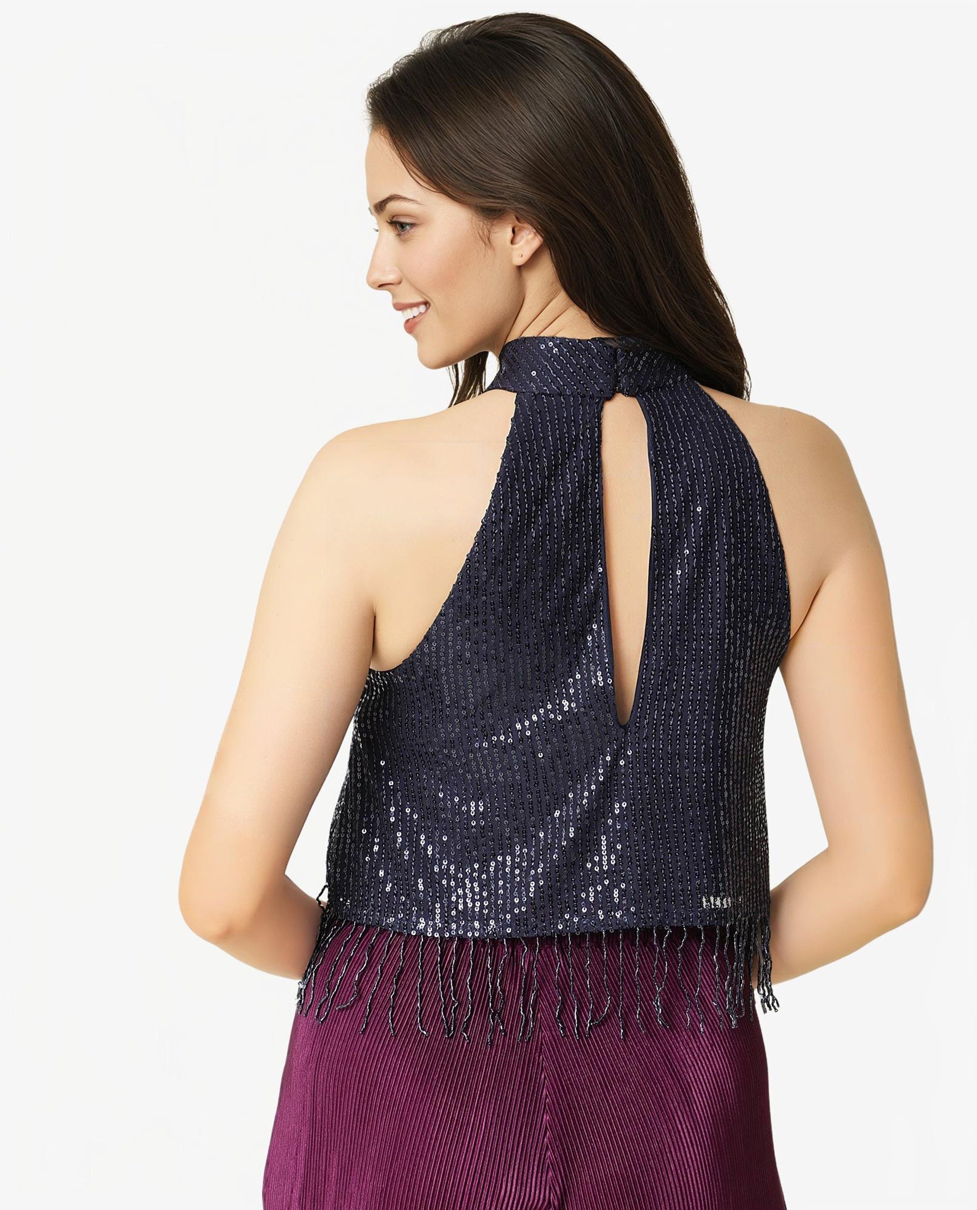 Rareism Women's Lovia Navy Nylon Halter Neck Sequined Sleeveless Regular Fit Top