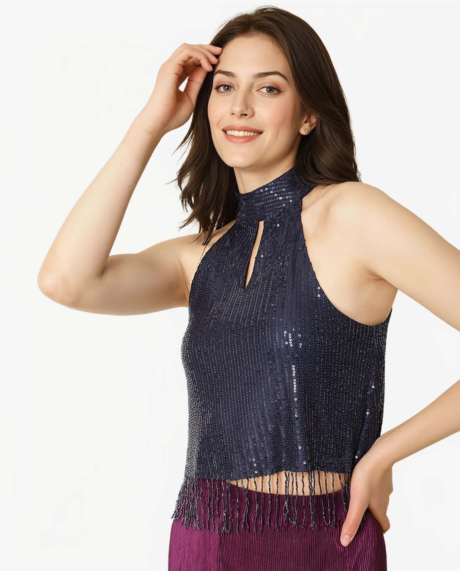 Rareism Women's Lovia Navy Nylon Halter Neck Sequined Sleeveless Regular Fit Top