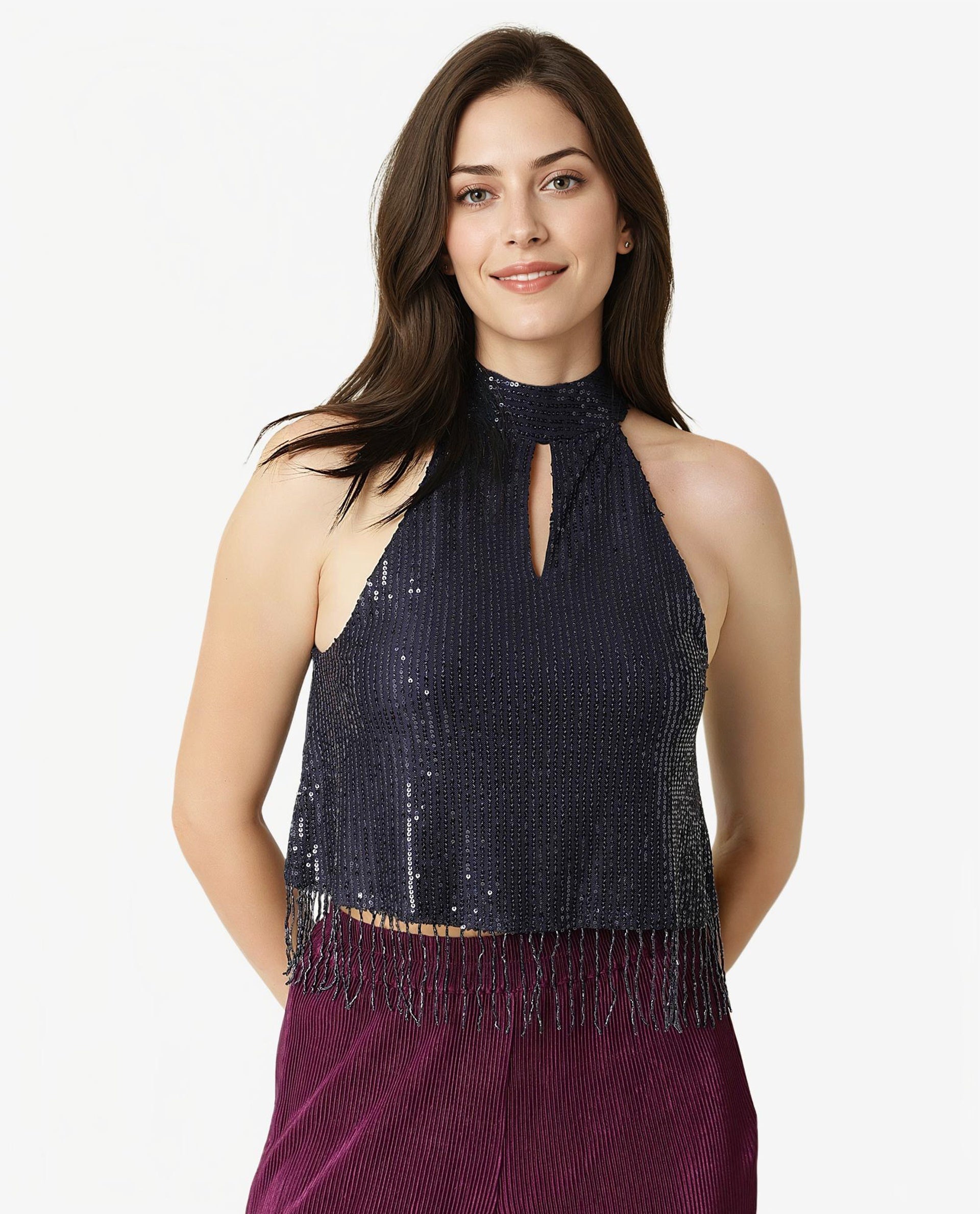 Rareism Women's Lovia Navy Nylon Halter Neck Sequined Sleeveless Regular Fit Top