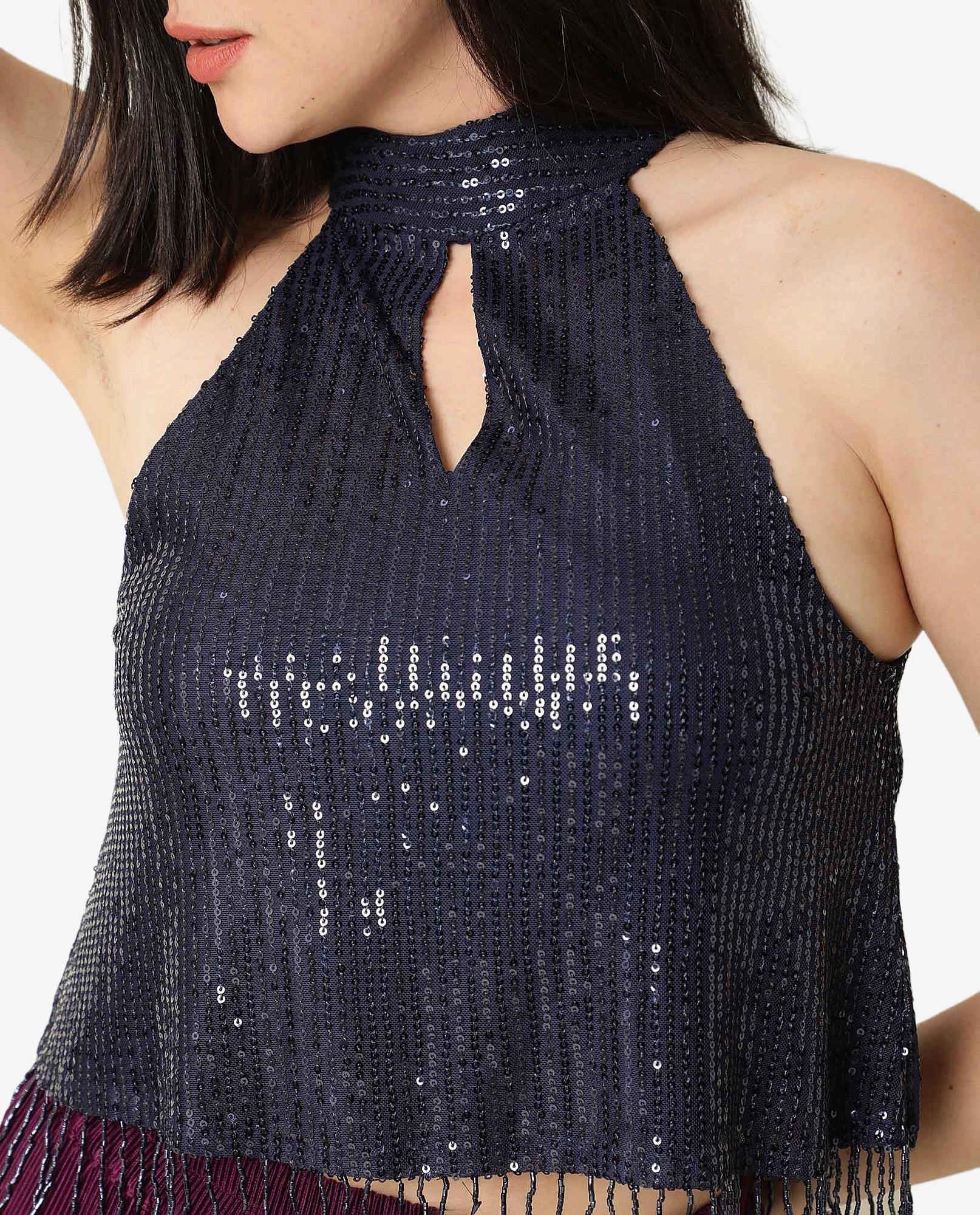 Rareism Women's Lovia Navy Nylon Halter Neck Sequined Sleeveless Regular Fit Top