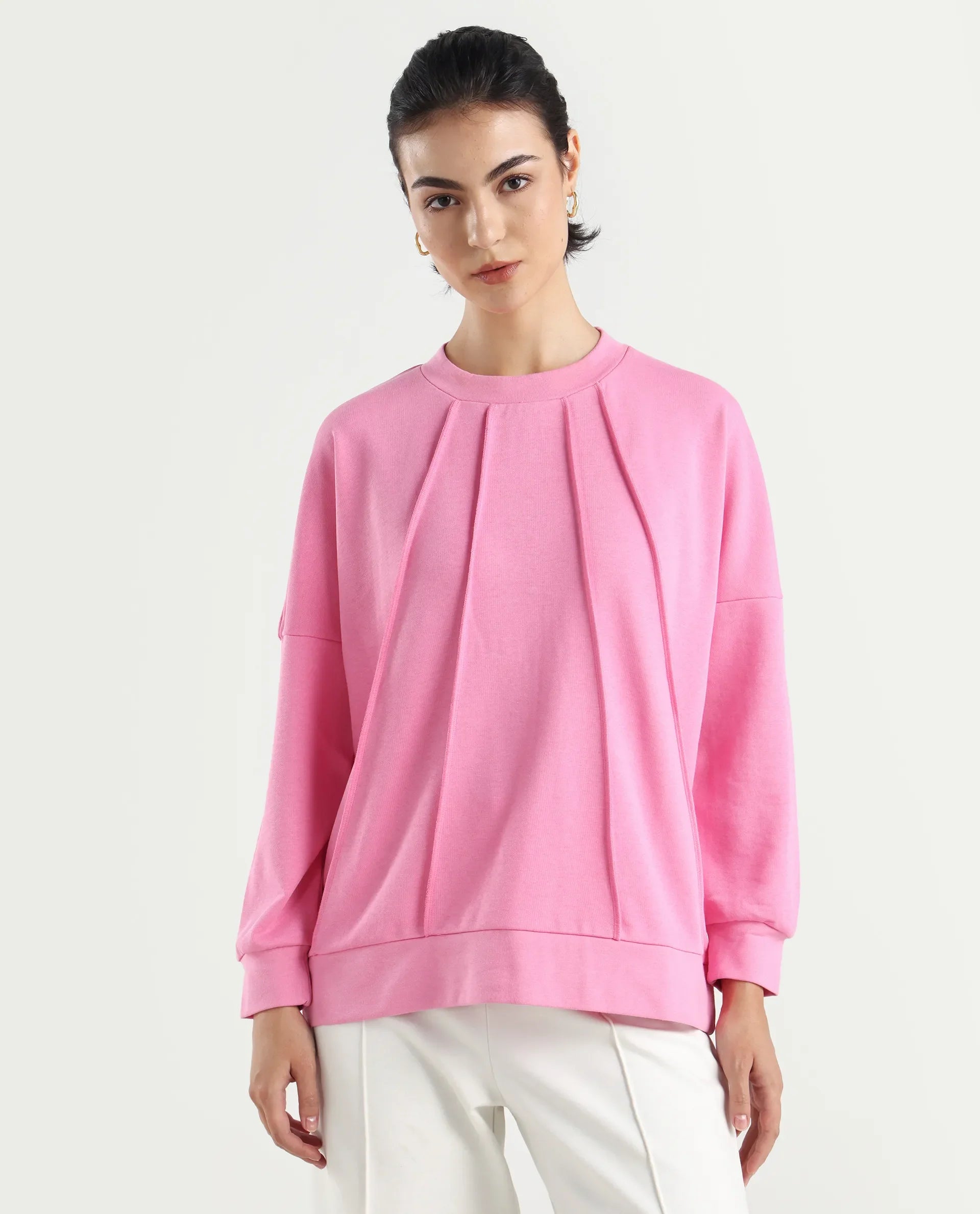 Rareism Women's Lowkey Dark Pink Cotton Blend Crew Neck Plain Relaxed Fit Sweatshirt