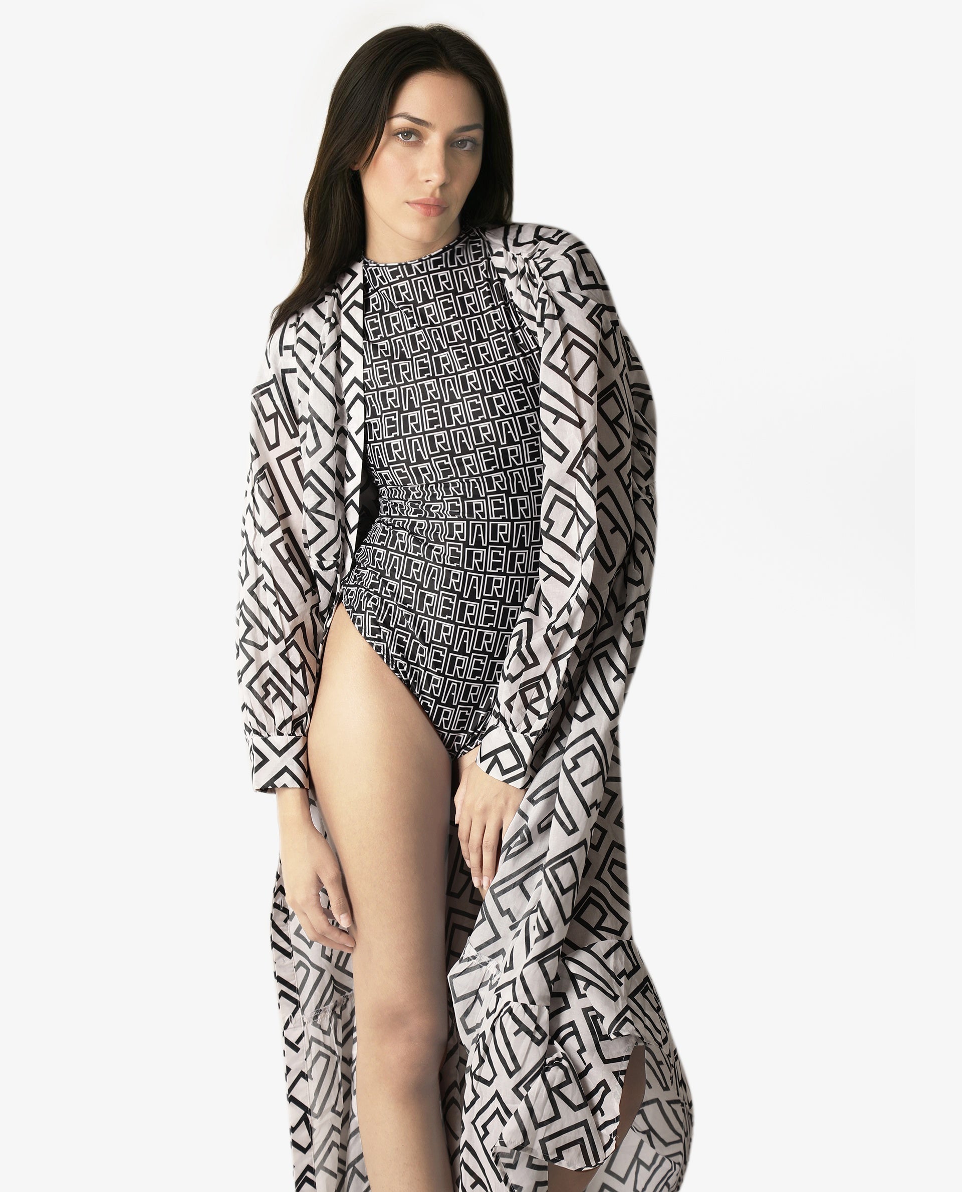 Rareism Women Lucie Black Poly Lycra Fabric Cap Sleeves V-Neck Zipper Closure Knit Monogram Print Bodysuit Mini Swimsuit