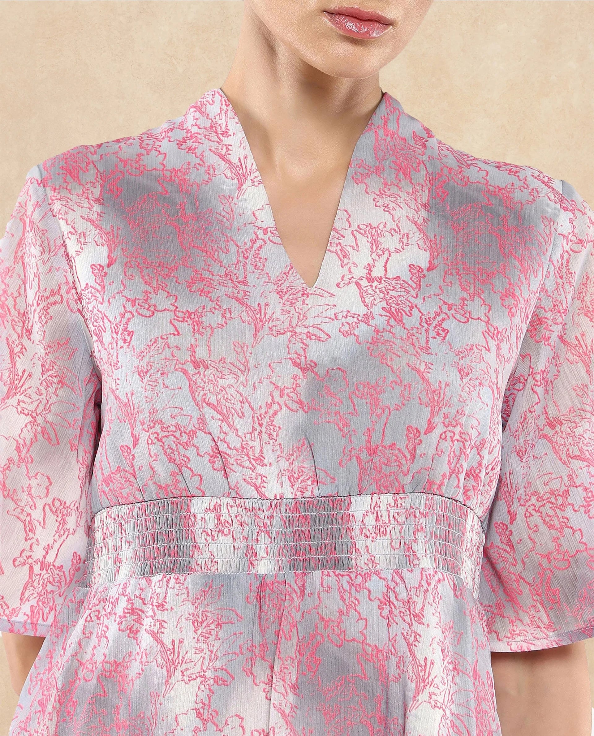 Rareism Women Luffy Grey Flared Sleeve Abstract Print Dress