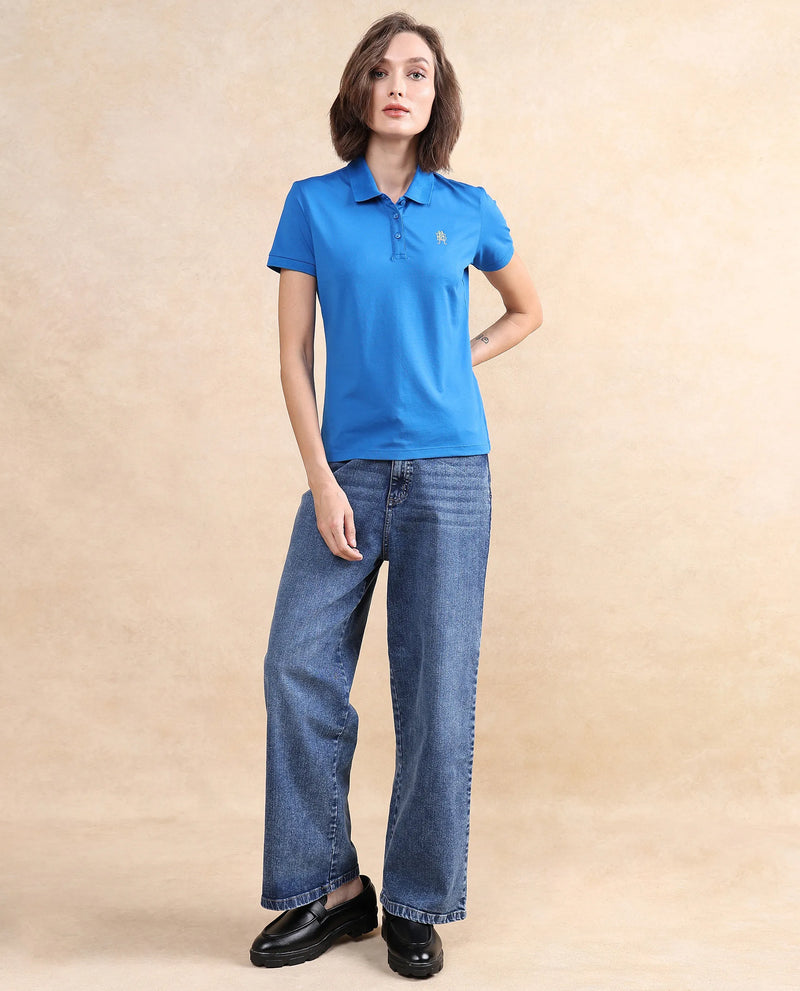 Rareism Women Lugano Blue Cotton Poly Fabric Short Sleeve Polo Collar Button Closure Plain Polo