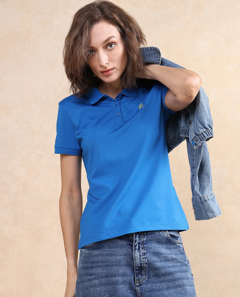 Rareism Women Lugano Blue Cotton Poly Fabric Short Sleeve Polo Collar Button Closure Plain Polo