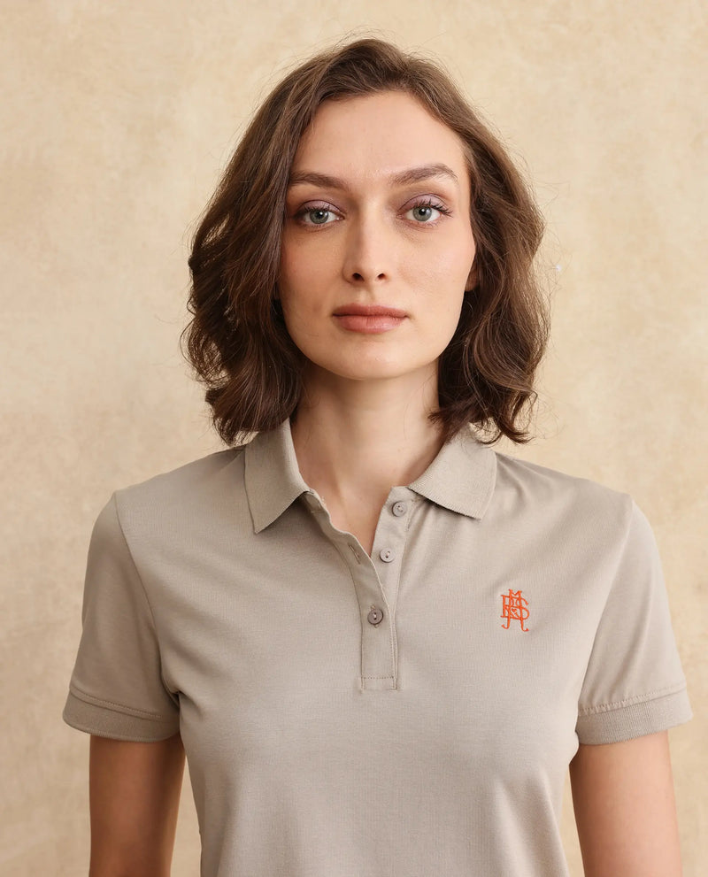 Rareism Women Lugano Dusky Brown Cotton Poly Fabric Short Sleeve Polo Collar Button Closure Plain Polo