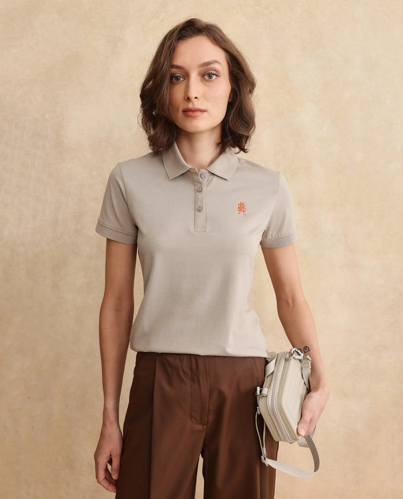 Rareism Women Lugano Dusky Brown Cotton Poly Fabric Short Sleeve Polo Collar Button Closure Plain Polo