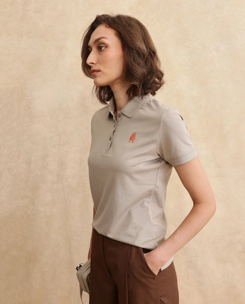 Rareism Women Lugano Dusky Brown Cotton Poly Fabric Short Sleeve Polo Collar Button Closure Plain Polo