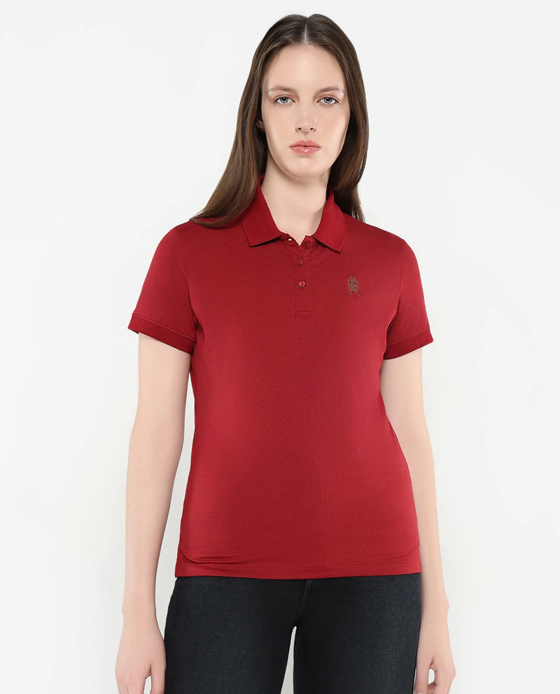 Rareism Women Lugano Maroon Cotton Poly Fabric Short Sleeve Polo Collar Button Closure Plain Polo