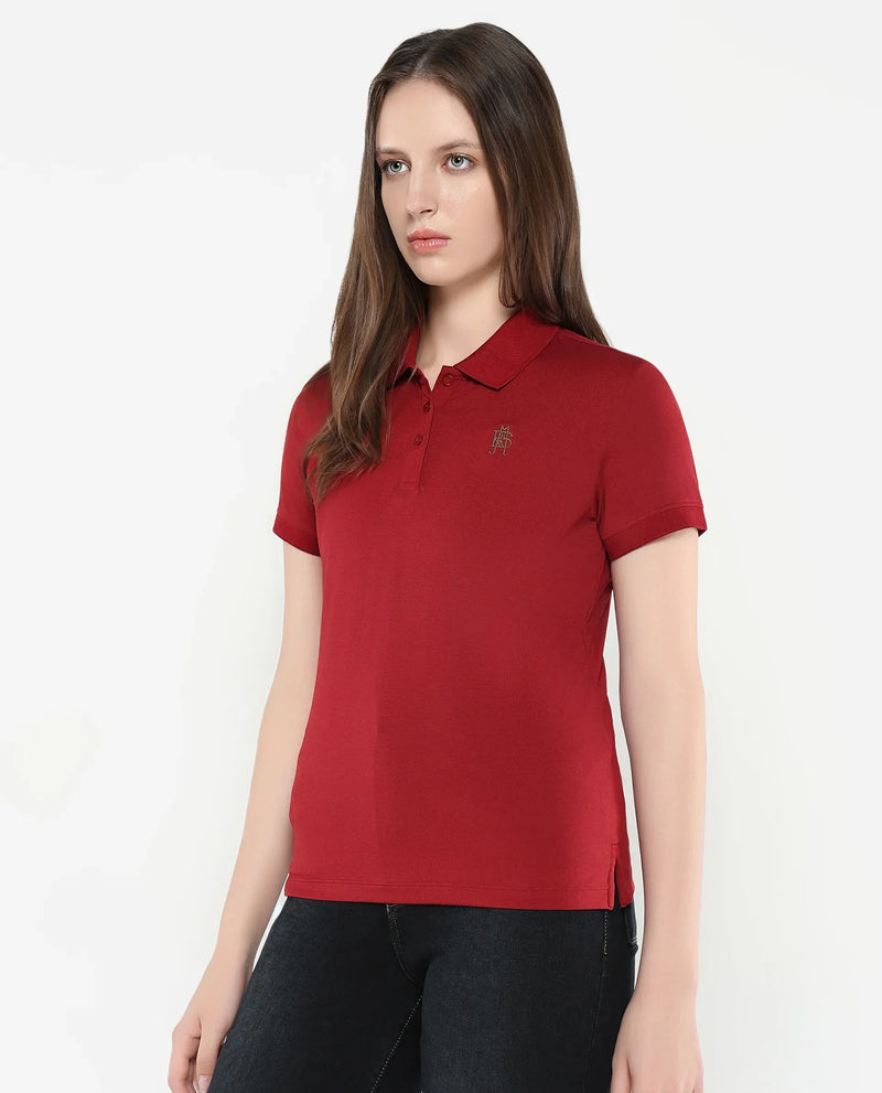 Rareism Women Lugano Maroon Cotton Poly Fabric Short Sleeve Polo Collar Button Closure Plain Polo