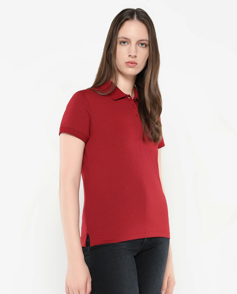 Rareism Women Lugano Maroon Cotton Poly Fabric Short Sleeve Polo Collar Button Closure Plain Polo