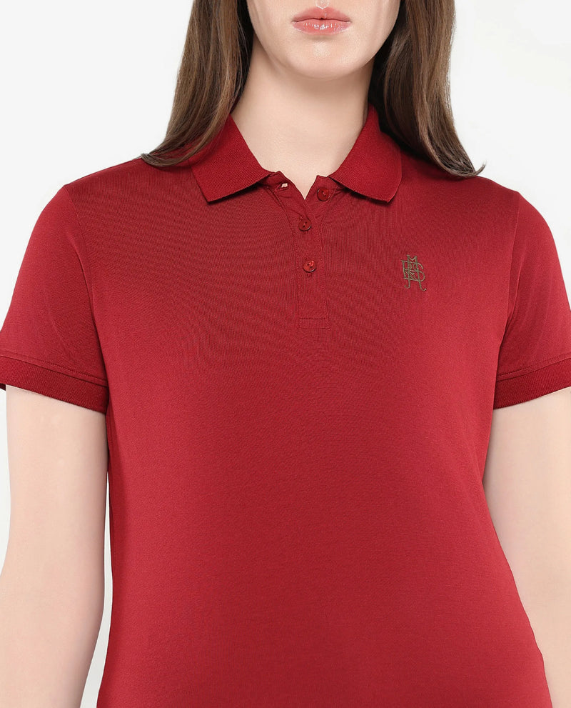 Rareism Women Lugano Maroon Cotton Poly Fabric Short Sleeve Polo Collar Button Closure Plain Polo