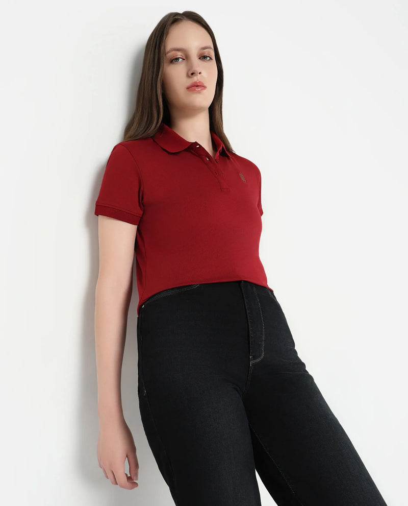 Rareism Women Lugano Maroon Cotton Poly Fabric Short Sleeve Polo Collar Button Closure Plain Polo