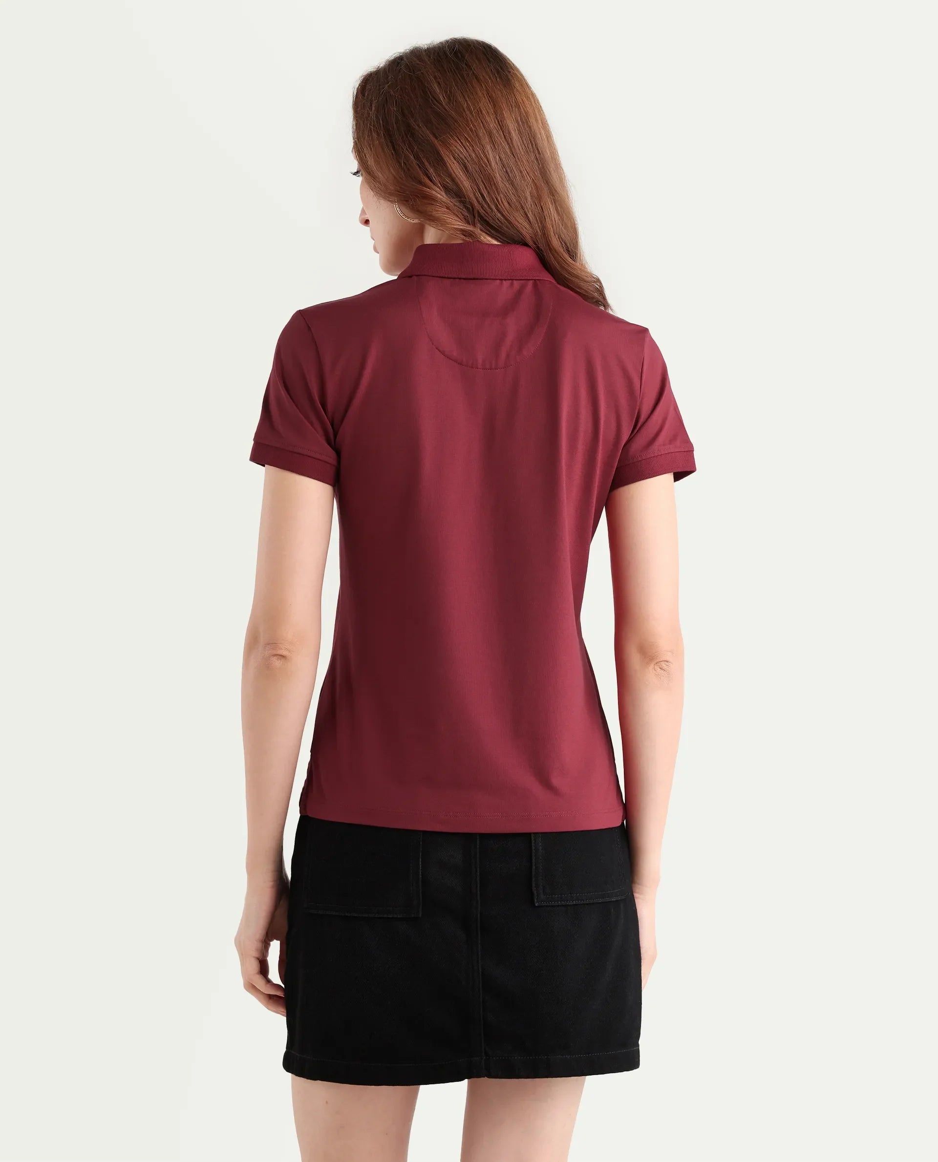 Rareism Women's Lugano Maroon Cotton Blend Polo Neck Plain Regular Fit Polo