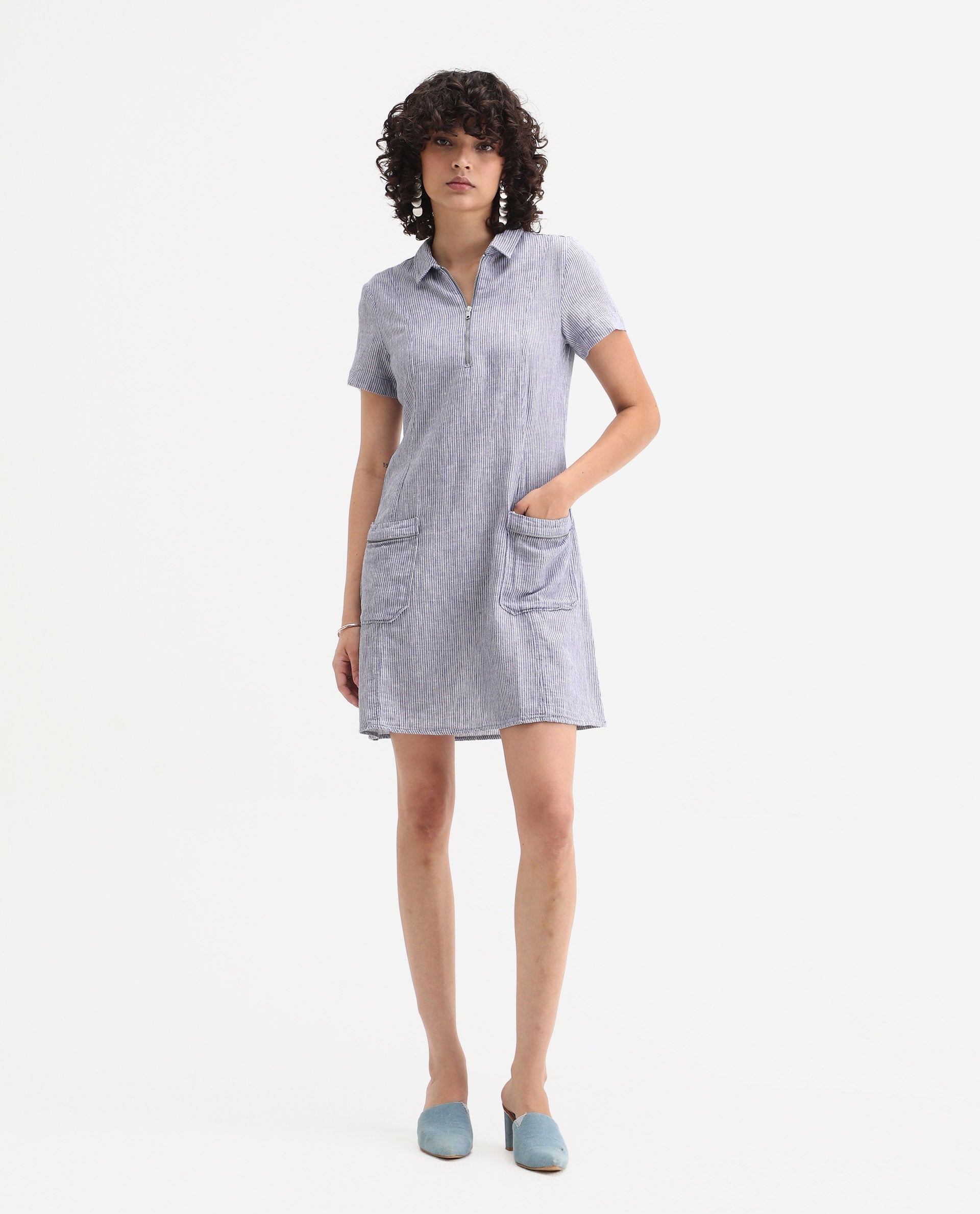 Rareism Women's Luna Blue Linen Spread Collar Striped Knee Length Regular Fit Dress