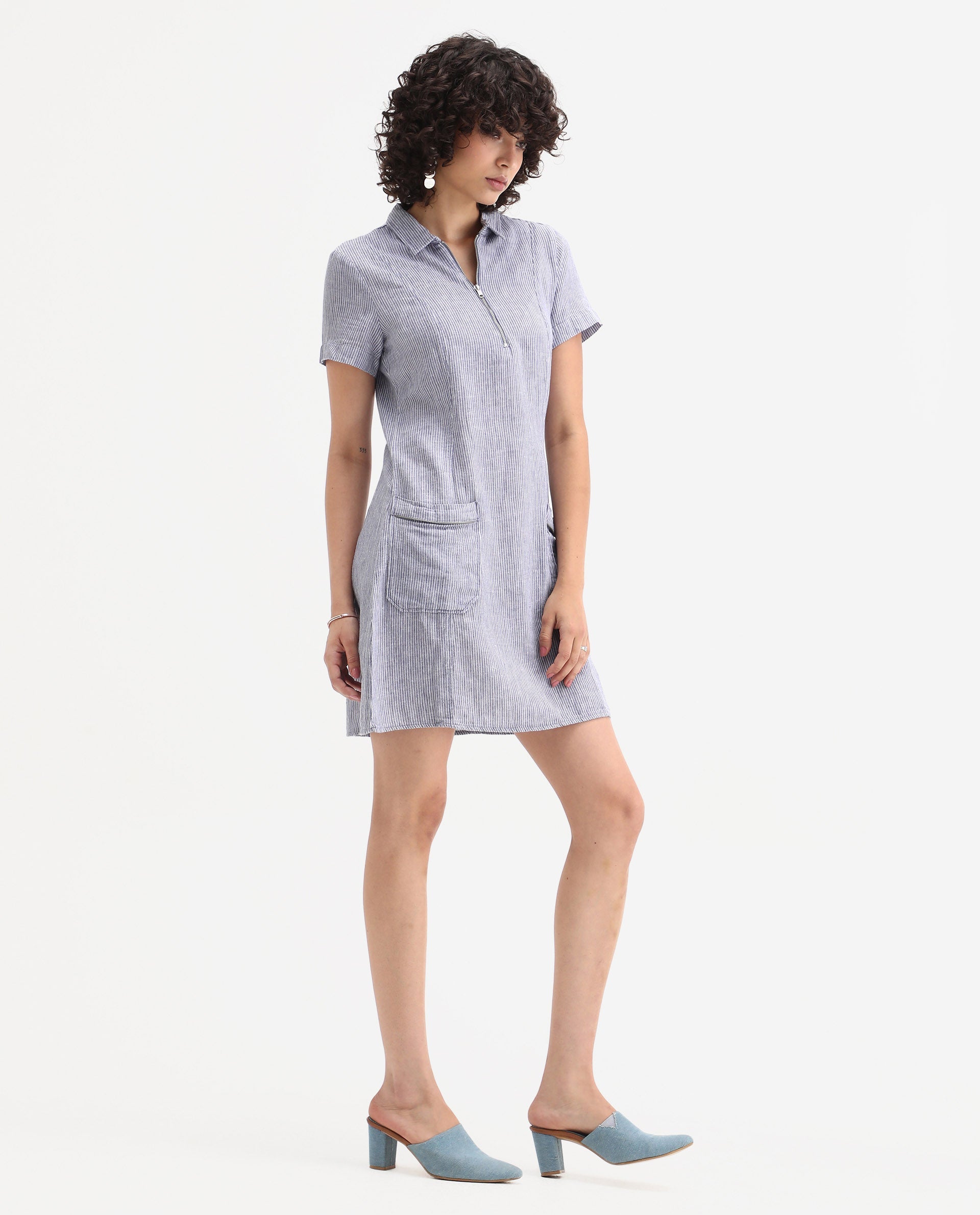 Rareism Women's Luna Blue Linen Spread Collar Striped Knee Length Regular Fit Dress