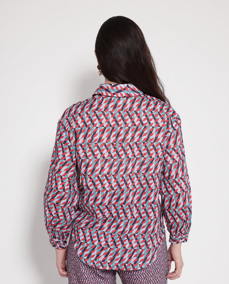 Rareism Women'S Luren Dark Multi Cuffed Sleeve Collared Neck Geometric Print Shirt