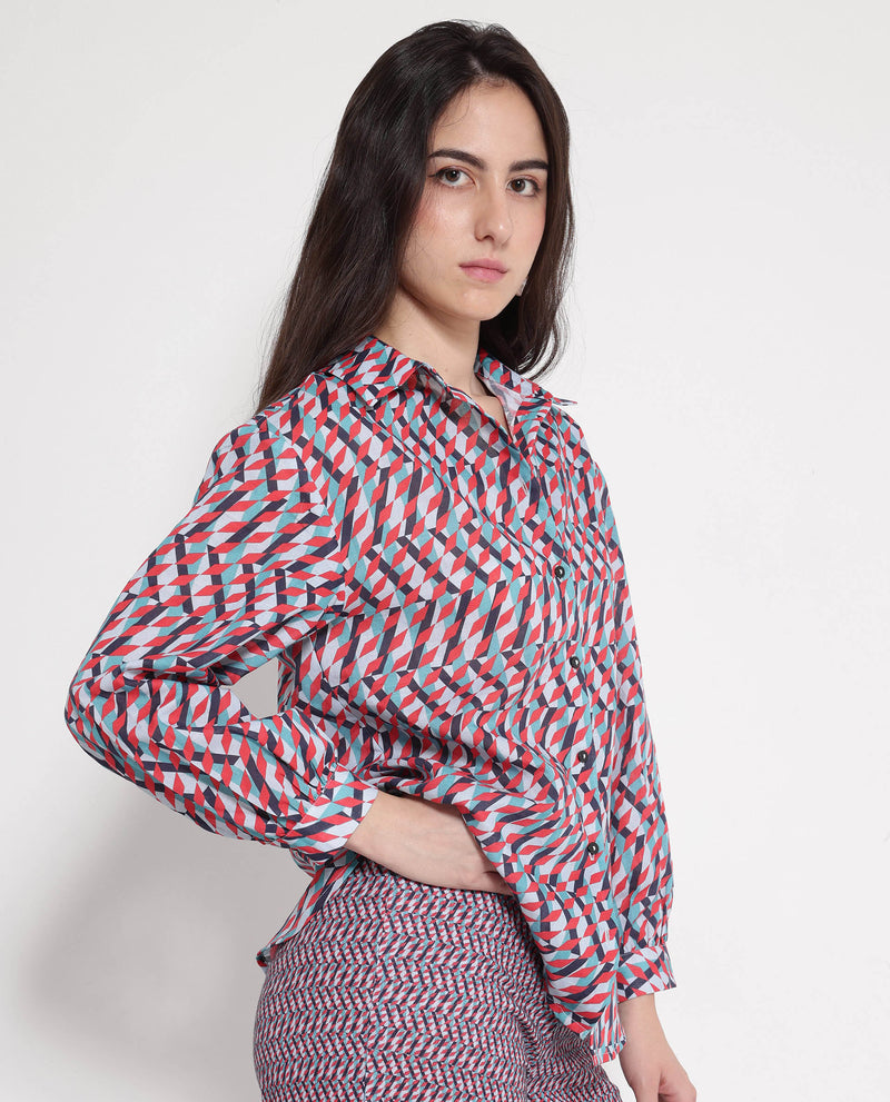 Rareism Women'S Luren Dark Multi Cuffed Sleeve Collared Neck Geometric Print Shirt