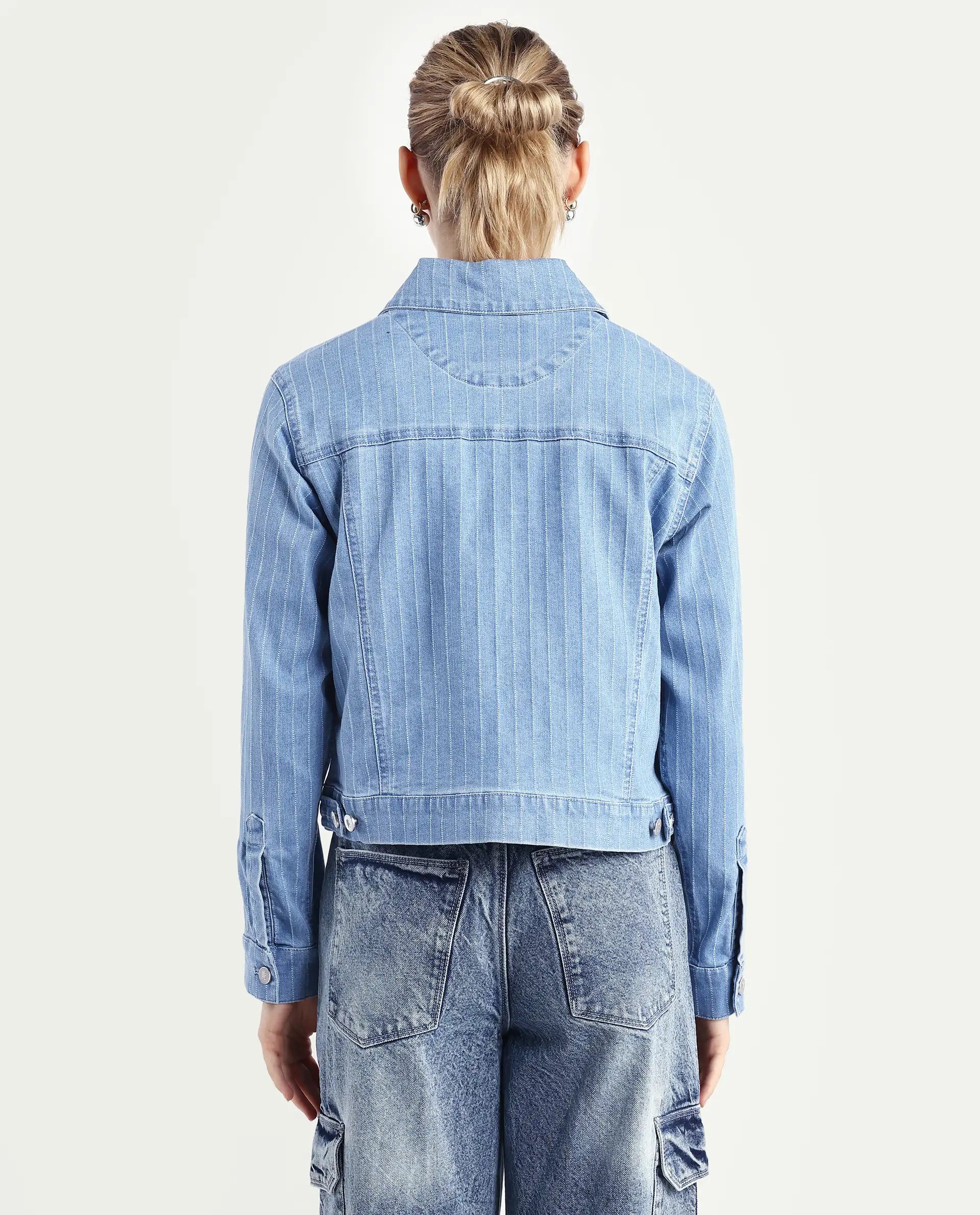 Rareism Women's Luz Light Blue Cotton Blend Spread Collar Striped Cuffed Sleeve Regular Fit Jacket