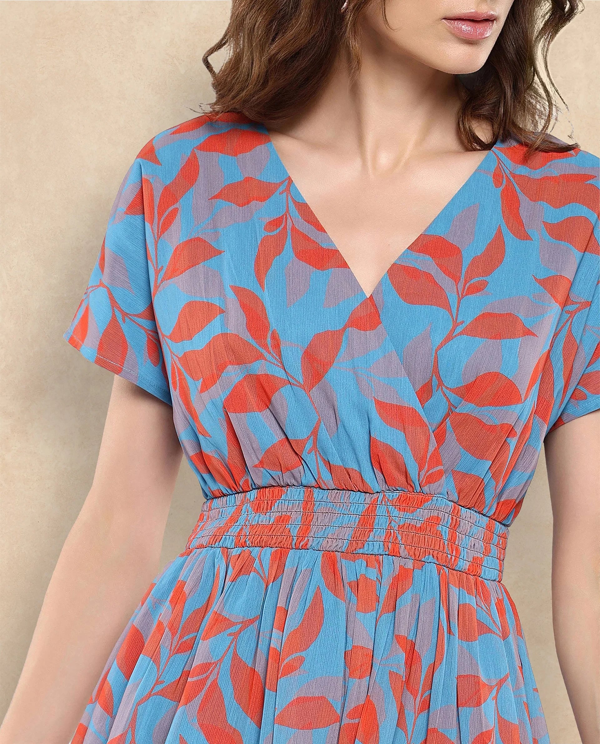 Rareism Women's Luzy Multi Cotton Blend V-Neck Abstract Print Extended Sleeves Knee Length Fit And Flare Dress