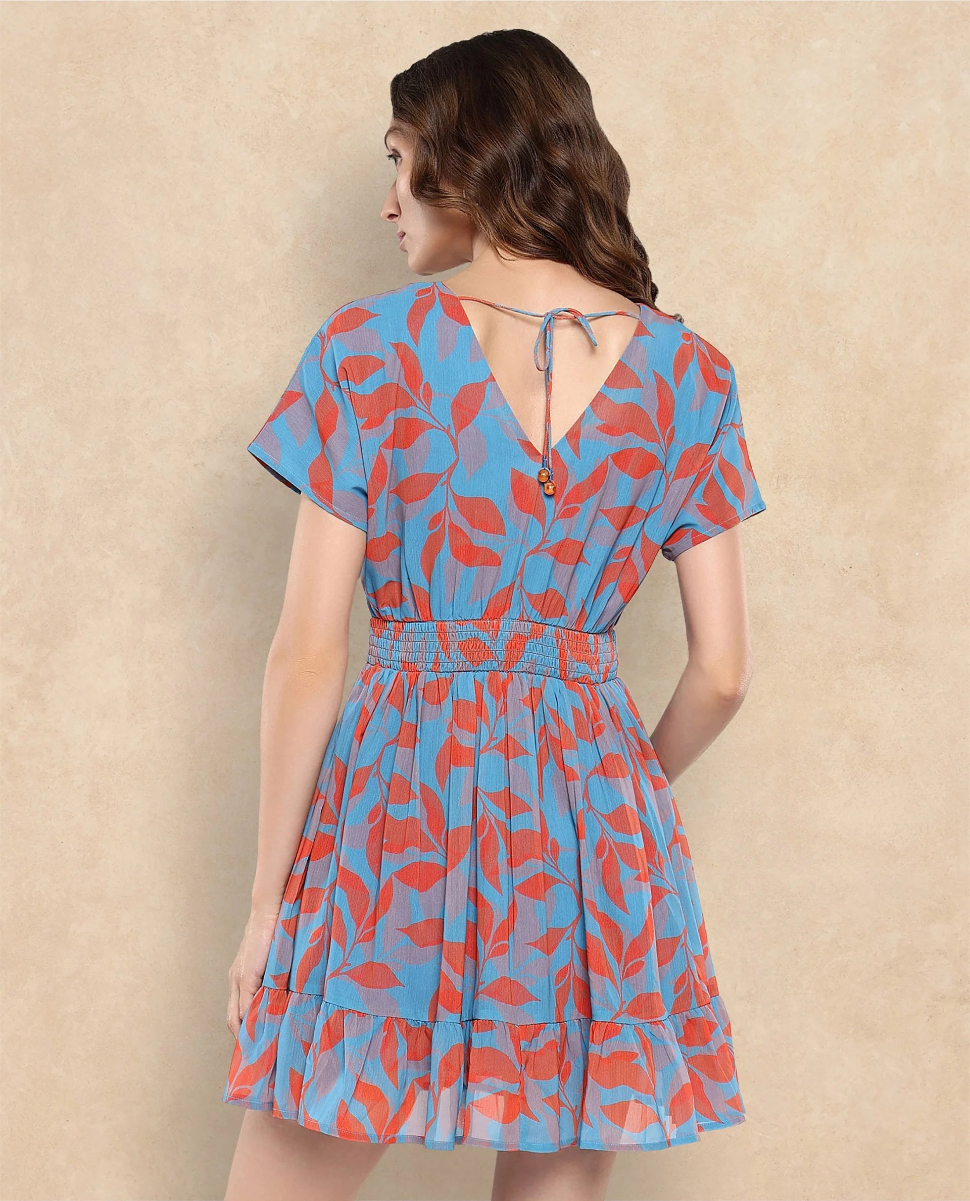 Rareism Women's Luzy Multi Cotton Blend V-Neck Abstract Print Extended Sleeves Knee Length Fit And Flare Dress