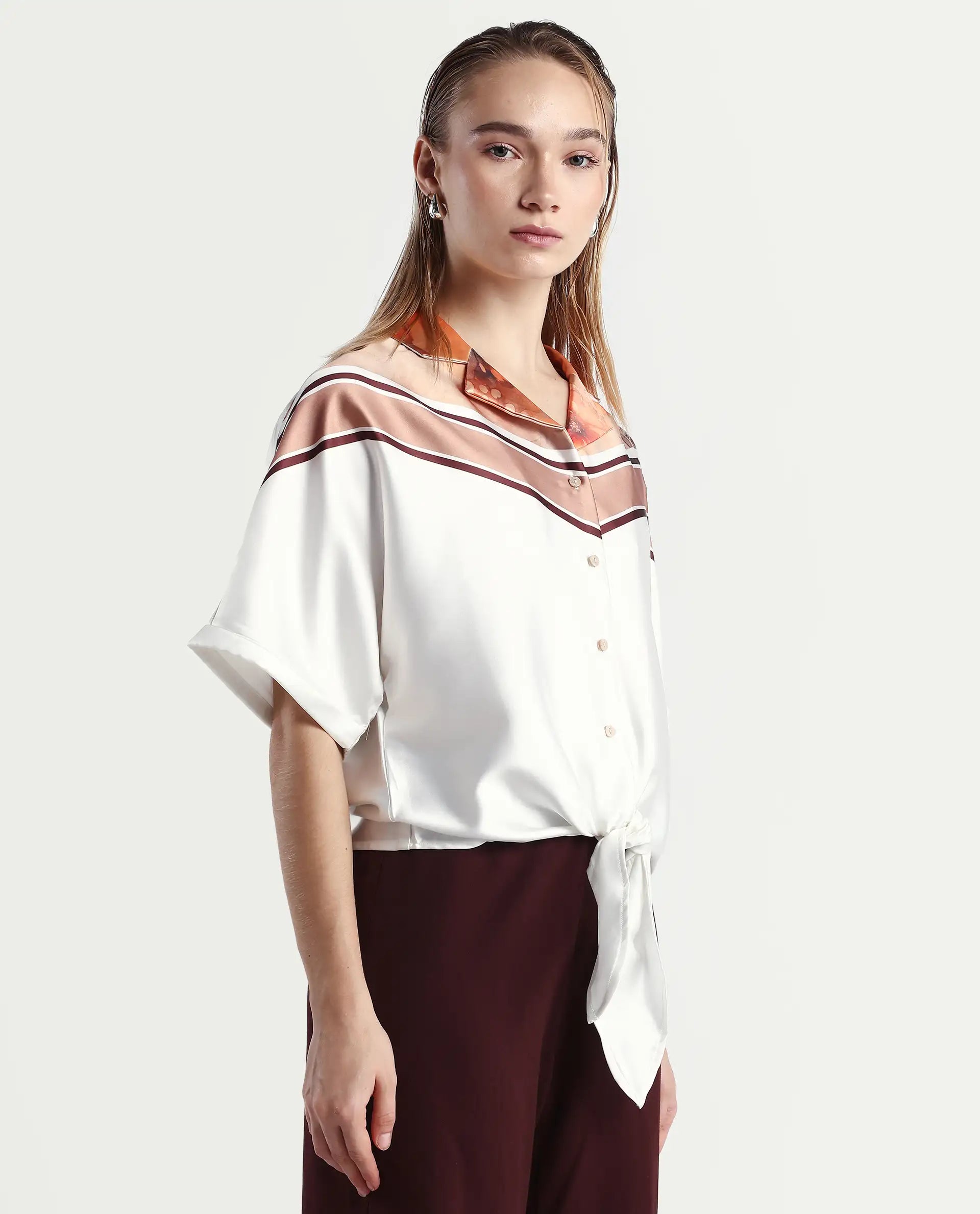 Rareism Women's Lyney Multi Polyester Lapel Neck Abstract Print Extended Sleeves Boxy Fit Top