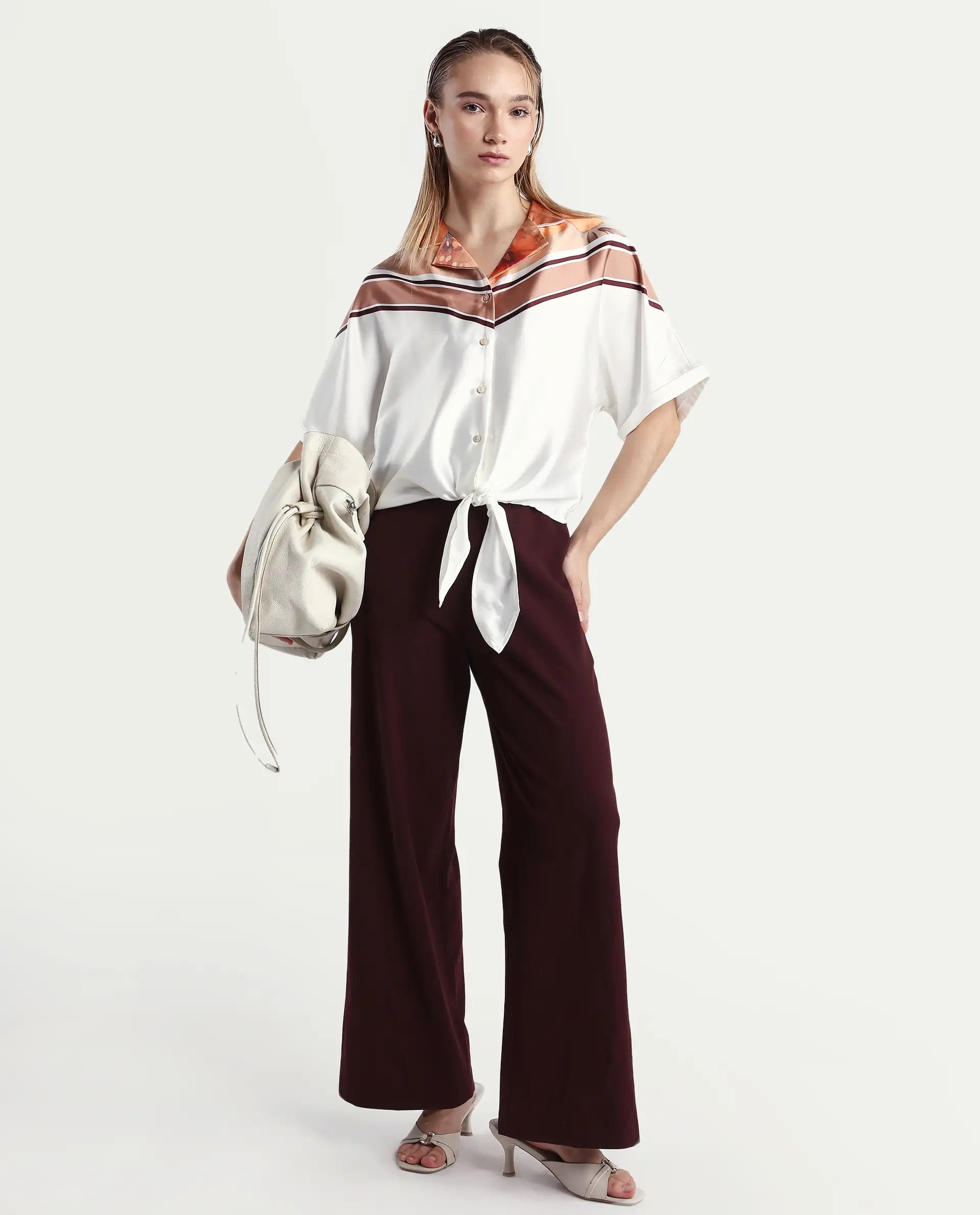 Rareism Women's Lyney Multi Polyester Lapel Neck Abstract Print Extended Sleeves Boxy Fit Top