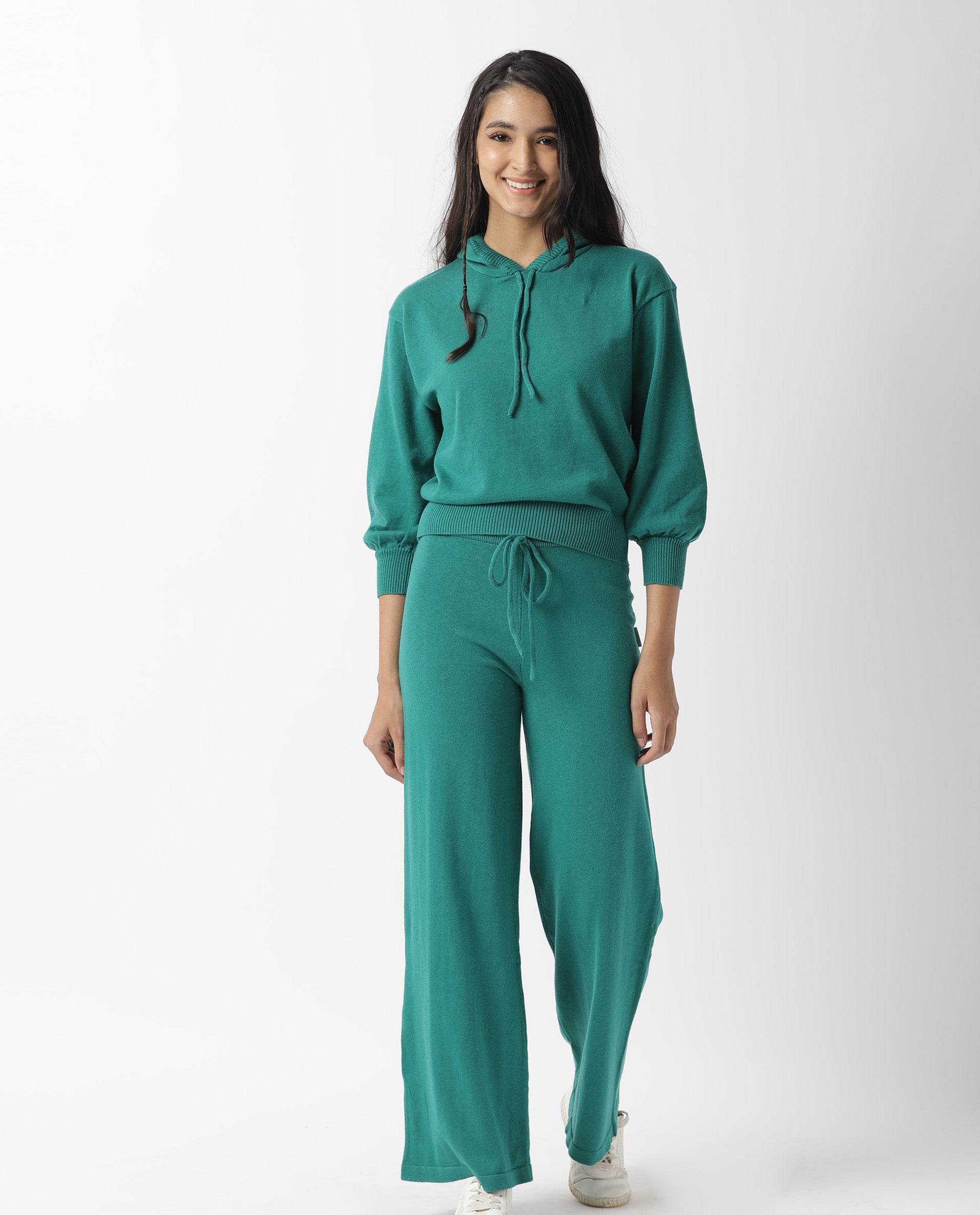 Rareism Women Finn Sweat Green Cotton Fabric Full Sleeves Relaxed Fit Solid Hooded Sweater