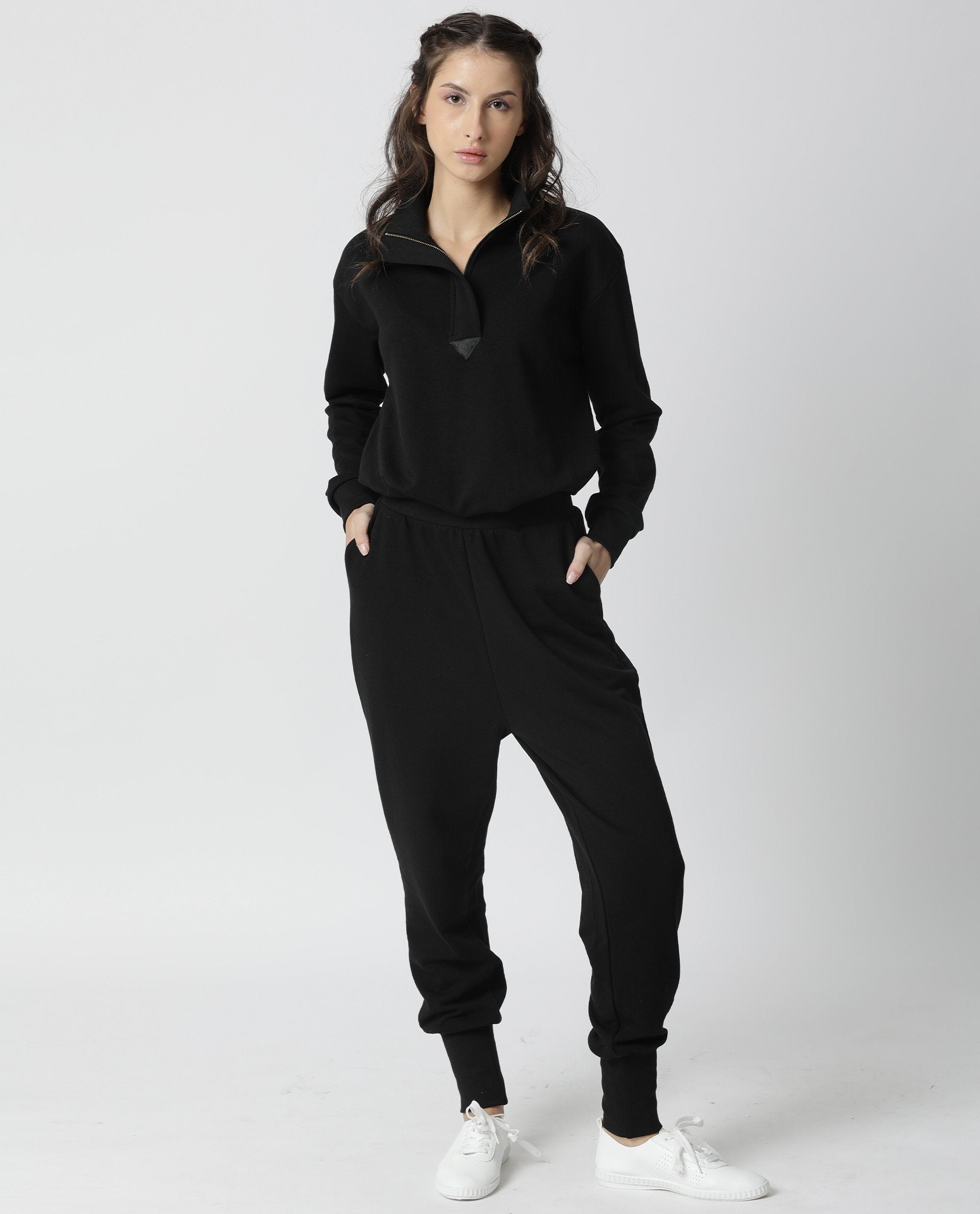 Rareism Women Taffy Black  Relaxed Fit Full Sleeves Solid High Neck Sweatshirt