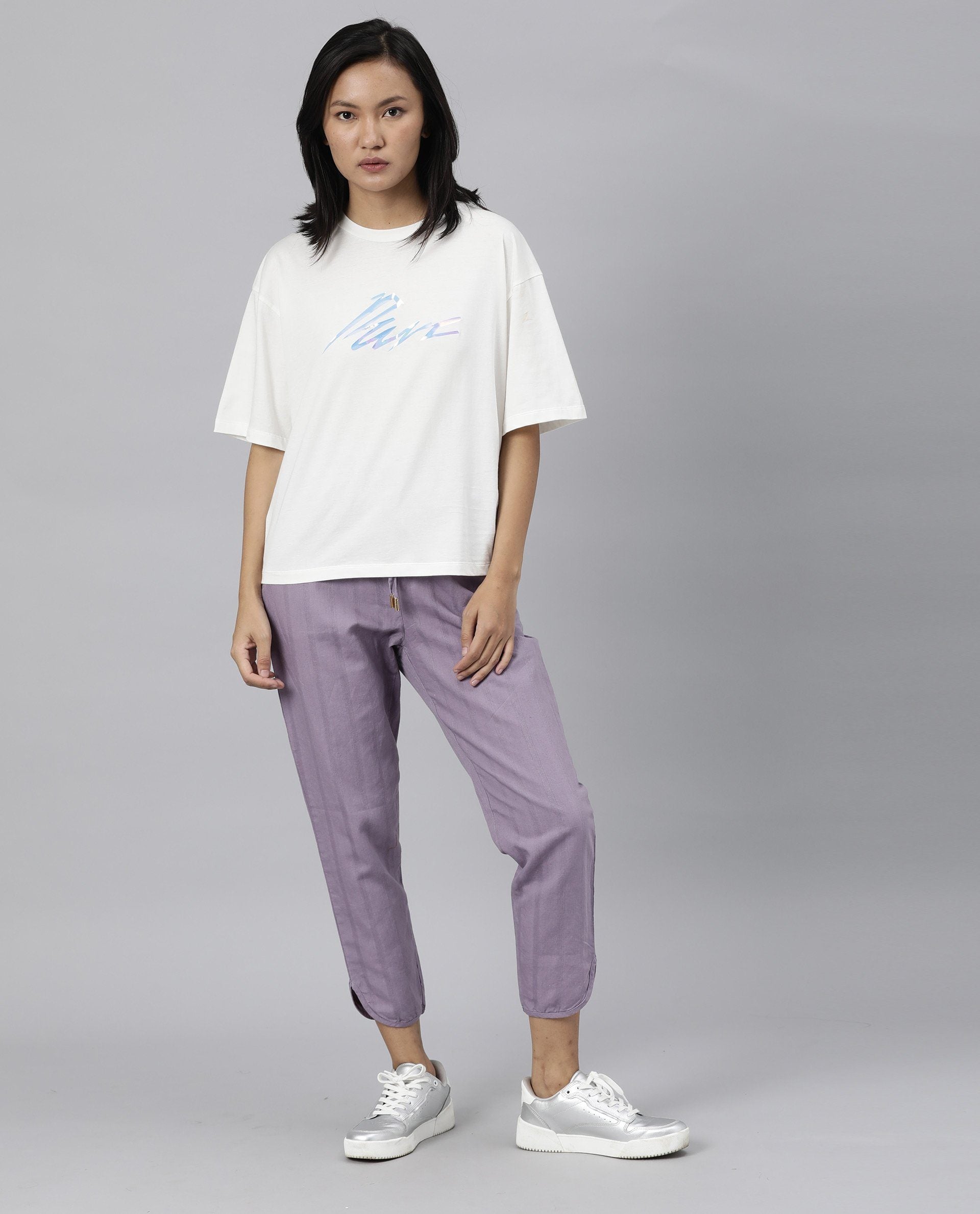 Rareism Womens Dusto Lavender Trouser Cotton Linen Fabric Ankle Length Regular Fit Elasticated Waistband